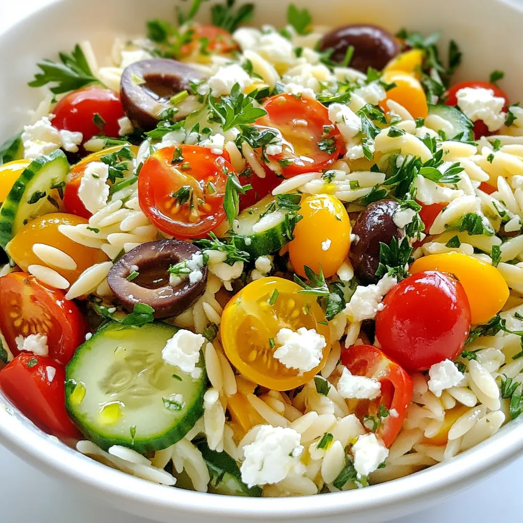 - 1 cup orzo pasta - 1 cup cherry tomatoes, halved - 1 cucumber, diced - 1/2 red onion, finely chopped - 1/2 cup feta cheese, crumbled - 1/4 cup Kalamata olives, pitted and sliced - 1/4 cup fresh parsley, chopped - Zest and juice of 1 lemon - 3 tablespoons olive oil - 1 teaspoon honey - Salt and pepper to taste Gather these ingredients before you start. Each one adds a unique flavor to the salad. The orzo gives it a nice base, while the feta adds creaminess. Cherry tomatoes and cucumbers bring freshness. The olives and red onion add a nice bite. You can swap orzo with quinoa for a gluten-free option. Try using goat cheese instead of feta for a different taste. If you don’t have Kalamata olives, green olives work well. Fresh herbs like basil can replace parsley. Use lime juice if you’re out of lemons. Each serving has about 250 calories. You get 8 grams of protein and 12 grams of fat. The salad also offers good vitamins from the veggies. It’s a balanced meal that is both light and filling. Pair it with grilled chicken for extra protein. {{ingredient_image_1}} Start by boiling water in a large pot. Add a pinch of salt to the water. Once it boils, add 1 cup of orzo pasta. Cook the pasta according to the package instructions, usually about 8-10 minutes. Stir the pasta occasionally to prevent it from sticking. When it's done, drain the orzo in a colander. Rinse it under cold water to cool it down. This step helps keep the pasta firm and fresh. In a big mixing bowl, combine the cooled orzo with other fresh ingredients. Add 1 cup of halved cherry tomatoes, 1 diced cucumber, and 1/2 finely chopped red onion. Crumble in 1/2 cup of feta cheese for that rich flavor. Toss in 1/4 cup of sliced Kalamata olives and 1/4 cup of chopped fresh parsley. Mix everything gently to combine all the flavors well. This salad is colorful and packed with nutrients. Take a small bowl and whisk together the dressing. Start with the zest and juice of 1 lemon. Add 3 tablespoons of olive oil for richness. Mix in 1 teaspoon of honey to balance the tartness. Finally, season with salt and pepper to taste. Whisk until the dressing is smooth and well blended. Pour the dressing over the salad mixture. Toss everything together gently until all the ingredients are coated. Let the salad sit for about 10-15 minutes before serving. This wait allows the flavors to blend nicely. To boost the taste of your Lemon Feta Orzo Salad, use fresh ingredients. Fresh herbs, like parsley, add a lot of flavor. You can also add more lemon juice or zest for a bright kick. Try mixing in some garlic for depth. If you like heat, add a pinch of red pepper flakes. This salad is all about balance, so taste as you go. Chilling your salad is key for great flavor. After mixing, cover the bowl and put it in the fridge. Let it chill for about 30 minutes. This helps all the flavors blend well. If you need to chill it faster, use a shallow dish. This will cool it down quickly. Just remember to toss it again before serving. Lemon Feta Orzo Salad is great on its own, but it pairs well with many dishes. Serve it with grilled chicken or fish for a full meal. You can also serve it alongside roasted veggies for a tasty side. If you want to impress guests, add it to a buffet. It looks colorful and fresh on any table. Pro Tips Use Fresh Ingredients: Fresh vegetables and herbs will elevate the flavor of your salad, making it taste vibrant and delicious. Chill Before Serving: Allowing the salad to sit for 10-15 minutes not only melds the flavors but also makes it refreshing when served cold. Customize Your Olives: Feel free to swap out Kalamata olives for green olives or any other variety you prefer for a different flavor profile. Make It Ahead: This salad can be made a few hours in advance, allowing the flavors to develop even further and making it perfect for meal prep. {{image_2}} You can make this salad heartier by adding protein. Grilled chicken is a great choice. It pairs nicely with the lemon and feta. Simply slice cooked chicken and mix it in. Shrimp also works well. Just sauté shrimp until pink and toss them in. For a quick option, use rotisserie chicken. This adds flavor without much work. To make this salad vegan, simply replace the feta cheese. Use a plant-based feta instead. You can also add chickpeas for protein. They give a nice texture and flavor. Swap honey for maple syrup to keep it sweet. This way, the salad remains fresh and tasty while being vegan-friendly. Changing ingredients with the seasons can keep this salad exciting. In summer, add sweet corn or diced bell peppers. In fall, try roasted butternut squash for a warm touch. You can also use fresh herbs like basil or mint in spring. These swaps add variety and keep your taste buds happy. To keep your Lemon Feta Orzo Salad fresh, store it in an airtight container. This helps prevent the salad from drying out or absorbing other smells in the fridge. If you have leftovers, make sure to separate the dressing from the salad. This keeps the salad crisp. You can add the dressing just before serving. When stored properly, this salad lasts about 3 to 5 days in the fridge. However, the texture may change as time goes on. The vegetables can become soft, and the feta may lose some flavor. If you see any signs of spoilage, it’s best to throw it out. Always trust your senses! Freezing is not the best option for this salad. The orzo and veggies may become mushy when thawed. However, if you want to freeze it, do so without the dressing. Store it in a freezer-safe bag or container for up to 2 months. When ready to eat, thaw it in the fridge overnight. Add fresh dressing before serving to revive its taste. Orzo is a small, rice-shaped pasta. It cooks quickly and has a nice texture. You can use orzo in salads, soups, and casseroles. In this salad, it adds a hearty base. The orzo absorbs the flavors of the lemon and feta well, making every bite tasty. Yes, you can make this salad ahead of time. It tastes great after sitting in the fridge for a few hours. If you plan to serve it later, mix the salad ingredients but keep the dressing separate. This way, the salad stays fresh and crisp. Just add the dressing before you serve it. To make this salad gluten-free, swap the orzo with gluten-free pasta. Many brands offer gluten-free orzo made from rice or corn. Cook it just like regular orzo. The rest of the ingredients stay the same. You will still enjoy all the flavors without gluten. This blog post covers everything about Lemon Feta Orzo Salad. We looked at the ingredients, substitutions, and nutritional value. I shared step-by-step cooking instructions and tips to enhance flavors. We explored variations to fit your taste and needs. Finally, I provided storage info and answered common questions. Making this salad is simple and flexible. With your new skills, you can impress friends and family. Enjoy creating delicious meals that everyone will love!