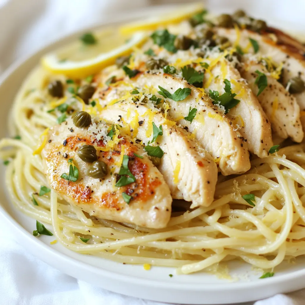 To make this tasty dish, gather these main ingredients: - 8 oz spaghetti or your choice of pasta - 2 boneless, skinless chicken breasts - Salt and pepper, to taste - 1/2 cup all-purpose flour (for dredging) - 3 tablespoons olive oil - 3 cloves garlic, minced - 1 1/2 cups chicken broth - 3 tablespoons capers, drained and rinsed - Juice of 1 lemon (about 3 tablespoons) - Zest of 1 lemon - 1/4 cup fresh parsley, chopped These ingredients come together to create a bright and flavorful dish. The capers and lemon juice give it a refreshing kick. You might want to add some optional ingredients for extra flavor: - Grated Parmesan cheese, for serving Parmesan adds a creamy touch. It complements the bright lemon and salty capers well. If you need substitutions, here are some ideas: - For gluten-free pasta, use rice or corn pasta. - Instead of chicken, you can use firm tofu or chickpeas for a vegetarian option. - You can swap capers for green olives if you prefer. These swaps allow you to enjoy this dish no matter your dietary needs. Each option keeps the essence of the recipe while adding a personal twist. {{ingredient_image_1}} Start by boiling salted water in a large pot. Add 8 oz of spaghetti or your choice of pasta. Cook the pasta until it is al dente, as per the package instructions. This usually takes about 8-10 minutes. Once done, drain the pasta and set it aside. Be sure to save a cup of the pasta water for later. While the pasta cooks, season 2 boneless, skinless chicken breasts with salt and pepper. Dredge each chicken breast in 1/2 cup of all-purpose flour, shaking off any extra. In a large skillet, heat 3 tablespoons of olive oil over medium heat. Add the chicken breasts and sear them for 5-7 minutes on each side. The chicken should turn golden brown and be fully cooked. Remove the chicken from the skillet and let it rest on a cutting board. In the same skillet, add 3 cloves of minced garlic. Sauté the garlic for about 30 seconds until it smells great. Next, pour in 1 1/2 cups of chicken broth, scraping up any tasty bits stuck on the bottom. Stir in 3 tablespoons of drained and rinsed capers, along with the juice and zest of 1 lemon. Allow this sauce to simmer for around 5 minutes, letting it thicken slightly. Return the cooked spaghetti to the skillet with the lemon-caper sauce. Toss everything together to coat the pasta well. If the sauce seems too thick, add some of the reserved pasta water to loosen it up. While the pasta is hot, slice the seared chicken into strips. Serve the pasta on plates, adding the sliced chicken on top. Finish with chopped parsley and, if you like, sprinkle some grated Parmesan cheese on top. Enjoy your meal! To make great pasta, start with a large pot. Bring salted water to a boil. Use about 1 tablespoon of salt for every 4 quarts of water. This helps flavor the pasta. Add your spaghetti and cook it until al dente. Check the package for timing. Remember, you can always taste it! After cooking, save a cup of pasta water. This starchy water can help your sauce stick later. The key to juicy chicken is to not overcook it. Start by seasoning the chicken with salt and pepper. Dredge it in flour, shaking off the extra. Heat olive oil in a skillet over medium heat. Sear the chicken for 5-7 minutes on each side. It should be golden brown and cooked through. Let the chicken rest on a cutting board before slicing. This keeps the juices locked in. To create a flavorful sauce, use the same skillet where you cooked the chicken. Sauté minced garlic in the leftover oil for just 30 seconds. Then, add chicken broth to deglaze the pan. This means scraping up the browned bits for extra flavor. Stir in capers, lemon juice, and lemon zest. Let it simmer for about 5 minutes until it thickens slightly. This sauce will bring your dish to life with bright, zesty flavors. Pro Tips Use Fresh Ingredients: Opt for fresh lemon juice and zest for the best flavor. Fresh capers also enhance the dish's taste significantly. Don't Overcook the Chicken: Ensure the chicken is cooked just until golden brown and no longer pink inside to keep it juicy and tender. Reserve Pasta Water: Always save a cup of pasta water before draining. It’s perfect for adjusting the sauce consistency without losing flavor. Garnish for Presentation: Fresh parsley and a sprinkle of Parmesan cheese not only add flavor but also enhance the visual appeal of the dish. {{image_2}} You can easily make this dish vegetarian. Replace the chicken with mushrooms or tofu. Use vegetable broth instead of chicken broth. This helps keep the flavor strong. For a vegan twist, skip the cheese or use a plant-based option. Adding vegetables makes this meal even better. Try spinach, cherry tomatoes, or bell peppers. You can sauté them before adding the sauce. This not only boosts nutrition but also adds color and flavor. Feel free to mix any veggies you like. You can change the herbs for new flavors. Basil or thyme work great with lemon and capers. Try adding dill for a fresh taste, too. Each herb brings its own twist. Have fun experimenting to find what you like best! To keep your Lemon Caper Chicken Piccata Pasta fresh, store it in an airtight container. Make sure to let it cool before sealing. This helps prevent condensation and sogginess. Place the container in the fridge. Leftovers last about three days. When you are ready to enjoy your pasta again, reheat it on the stove. Add a splash of chicken broth or water to help it warm up. Heat over medium-low heat, stirring gently until warm. You can also use the microwave. Place in a microwave-safe bowl. Cover it with a damp paper towel and heat in 30-second bursts until hot. If you want to freeze your Lemon Caper Chicken Piccata Pasta, do it before adding the chicken. Freeze the pasta and sauce in separate bags. This keeps the pasta from getting mushy. It can last up to three months in the freezer. To thaw, place it in the fridge overnight. Reheat on the stove or in the microwave. Enjoy the fresh taste later! If you don’t have capers, use green olives or pickles. Their tangy flavor works well. You can also try a mix of lemon juice and a bit of salt for a similar taste. Yes! You can use any pasta you like. Penne, fettuccine, or even whole wheat pasta works great. Just make sure to adjust the cooking time as needed. Leftovers stay fresh for about three to four days. Store them in an airtight container. Make sure to reheat them well before eating. To make this dish gluten-free, use gluten-free pasta. The other ingredients are naturally gluten-free. Just check the flour if you use any for dredging. Add red pepper flakes to the sauce for heat. You can also use spicy sausage instead of chicken. Adjust the amount to suit your taste. In this post, we explored how to make Lemon Caper Chicken Piccata Pasta. We covered the main and optional ingredients, along with substitutions. You learned step-by-step instructions, cooking tips, and variations to fit your taste. With these insights, you can create a fun, flavorful dish. Enjoy your cooking adventure and don’t hesitate to experiment with ingredients! Your kitchen is your canvas, so make it delicious.