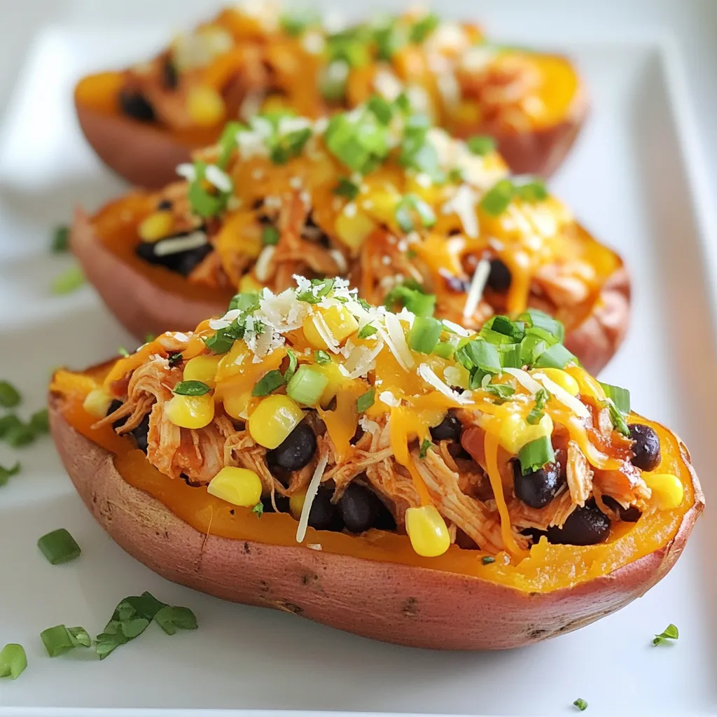 For BBQ chicken stuffed sweet potatoes, you will need: - 4 medium sweet potatoes - 2 cups cooked chicken, shredded - 1 cup barbecue sauce - 1/2 cup corn kernels (fresh or canned) - 1/2 cup black beans, rinsed and drained - 1 cup shredded cheese (cheddar or a blend) - 1/4 cup green onions, finely chopped - 1 teaspoon smoked paprika - Salt and pepper to taste - Olive oil for drizzling I suggest using the following brands for best results: - Sweet potatoes: Look for organic or locally sourced. - Chicken: Use rotisserie chicken for speed and flavor. - Barbecue sauce: Try Sweet Baby Ray's or Stubb's for a rich taste. - Cheese: Kraft or Tillamook provides great melting properties. - Green onions: Fresh is best, but look for brands that offer organic options. Each serving of BBQ chicken stuffed sweet potatoes offers: - Calories: 450 - Protein: 30g - Carbohydrates: 55g - Dietary Fiber: 10g - Sugars: 8g - Fat: 15g - Sodium: 600mg These stuffed sweet potatoes are not only tasty; they also pack a nutritional punch. Each ingredient adds flavor and health benefits, making this dish both filling and satisfying. {{ingredient_image_1}} To start, I preheat my oven to 400°F (200°C). I wash the sweet potatoes well and poke them with a fork. This helps steam escape while they bake. I drizzle some olive oil on them and sprinkle salt all over. Then, I place the sweet potatoes directly on the oven rack or on a baking sheet. I bake them for 45 to 60 minutes. They are ready when they feel tender when poked with a fork. While the sweet potatoes bake, I prepare the BBQ chicken filling. In a medium bowl, I combine 2 cups of shredded chicken with 1 cup of barbecue sauce. Next, I add 1/2 cup of corn and 1/2 cup of black beans. I sprinkle in 1 teaspoon of smoked paprika, along with salt and pepper to taste. Once everything is mixed well, I set the bowl aside. After the sweet potatoes cool a bit, I cut each one in half lengthwise. I gently fluff the insides with a fork. Then, I spoon the BBQ chicken mixture into each half. I top each with 1 cup of shredded cheese. Now, I put them back in the oven for another 10 to 15 minutes. I know they are done when the cheese is melted and bubbly. Finally, I sprinkle chopped green onions on top for a fresh touch. To get sweet potatoes that are soft and sweet, follow these steps. First, pick medium-sized sweet potatoes. They cook evenly and blend well with the filling. Before baking, wash them well and poke holes with a fork. This helps steam escape. Rub a little olive oil and sprinkle salt for flavor. Bake them at 400°F (200°C) for 45 to 60 minutes. You know they’re done when a fork goes in easily. You can switch out some ingredients for fun flavors. If you don’t have cooked chicken, use rotisserie chicken or turkey. For a vegan option, substitute the chicken with jackfruit or tofu. If you like heat, add diced jalapeños to the BBQ mix. Corn can be replaced with peas or diced bell peppers. Feel free to use any cheese you love. Just remember, taste is key. Make your stuffed sweet potatoes look amazing. After baking, place them on a colorful platter. Top them with shredded cheese, letting it melt nicely. Add fresh green onions for a pop of color. Drizzle extra barbecue sauce on top for a nice touch. Serve with a side salad or chips for crunch. This will make your dish eye-catching and tasty! Pro Tips Choose the Right Sweet Potatoes: Select medium-sized sweet potatoes that are firm and have smooth skin for the best flavor and texture. Enhance Flavor with Toppings: Add avocado slices or a dollop of sour cream on top for a creamy contrast to the BBQ chicken filling. Customize Your BBQ Sauce: Experiment with different types of barbecue sauce, such as spicy or honey BBQ, to suit your taste preferences. Make Ahead: You can prepare the BBQ chicken filling in advance and store it in the refrigerator for up to 3 days for a quick meal option. {{image_2}} You can make BBQ chicken stuffed sweet potatoes vegetarian! Instead of chicken, use jackfruit. Jackfruit has a great texture and soaks up flavors well. Use your favorite barbecue sauce for the same taste. Add in some sautéed onions and bell peppers for extra flavor. You can also mix in some black beans and corn for added protein and crunch. This version is hearty and full of taste. If you love heat, try spicy BBQ chicken stuffed sweet potatoes. Add diced jalapeños to the chicken and barbecue sauce mix. You can also sprinkle in some cayenne pepper or hot sauce for an extra kick. Use pepper jack cheese instead of regular cheese for a spicier finish. This version will warm you up and keep your taste buds dancing. Get creative with global flavors! Try a Mexican twist by adding taco seasoning to the chicken. Top with avocado and a squeeze of lime for freshness. For an Asian-inspired version, mix hoisin sauce with the chicken. Add shredded carrots and green onions for crunch. You can also use curry powder for an Indian flavor. Each twist makes this dish exciting and new. To keep BBQ chicken stuffed sweet potatoes fresh, store them in an airtight container. Make sure to let them cool to room temperature before sealing. Keep them in the fridge for up to 3 days. If you want to enjoy them later, consider freezing them. When you're ready to eat leftovers, I recommend using the oven. Preheat it to 350°F (175°C). Place the stuffed sweet potatoes on a baking sheet. Cover them with foil to keep them moist. Heat for about 20 minutes or until hot. You can also use a microwave, but they may not stay as crispy. If you plan ahead, you can freeze the stuffed sweet potatoes. Wrap each one tightly in plastic wrap, then place them in a freezer bag. They last up to 3 months in the freezer. When you're ready to eat, thaw them in the fridge overnight. After thawing, reheat as mentioned above. This method keeps your meal prep easy and tasty! Yes, you can use other types of potatoes. Russet or Yukon Gold potatoes work well too. They have a different taste and texture. However, sweet potatoes add natural sweetness and extra nutrients. I love the balance they bring to the BBQ chicken. The best barbecue sauce depends on your taste. I favor a smoky or tangy BBQ sauce. Brands like Sweet Baby Ray's or Stubb's are popular choices. You can also try homemade sauce for a personal touch. Just mix ketchup, vinegar, and spices for a quick option. To make this dish healthier, consider these swaps: - Use low-sugar barbecue sauce to cut down on sugar. - Add more veggies to the filling, like diced bell peppers or zucchini. - Swap cheese for a lighter option, like a sprinkle of nutritional yeast. - Serve with a side salad for added fiber and nutrients. These changes keep the flavor while making it better for you. In this article, I explored BBQ chicken stuffed sweet potatoes. We looked at the full list of ingredients and where to find the best brands. I shared step-by-step directions to prep and bake your dish. I included tips for making tender potatoes and ideas for tasty variations. Lastly, I covered storage tips to keep leftovers fresh. Now, you can enjoy this easy and flavorful meal any time. Happy cooking!