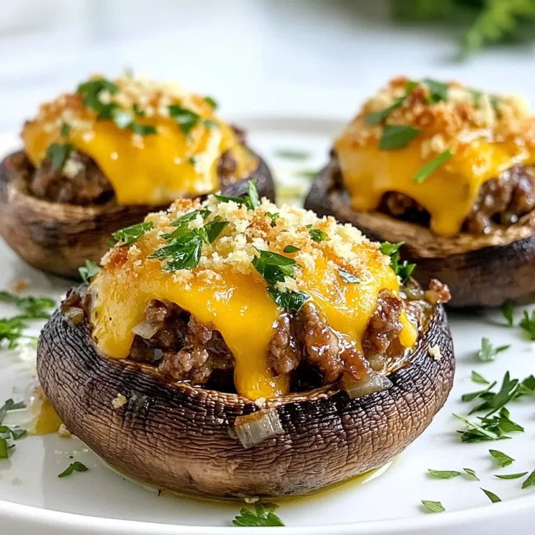 - 12 large portobello or button mushrooms - 1 pound ground beef - 1/2 cup onion, finely chopped - 2 cloves garlic, minced - 1 teaspoon Worcestershire sauce - 1 cup cheddar cheese, shredded - 1/2 cup breadcrumbs - 2 tablespoons fresh parsley, chopped - Salt and pepper to taste - Olive oil for drizzling Gather these ingredients before you start. The mushrooms serve as the perfect base. They add flavor and hold the filling well. Ground beef gives a hearty taste. Onions and garlic bring a nice aroma. Worcestershire sauce adds a savory kick. Cheddar cheese melts beautifully, making the dish creamy. Breadcrumbs help bind the filling and add texture. Fresh parsley gives color and brightness. Lastly, salt and pepper are key for flavor. Make sure to choose fresh mushrooms. Look for ones that are firm and not bruised. This helps ensure your stuffed mushrooms taste great. You can also customize the ingredients. Swap out beef for turkey or make it vegetarian. The options are endless! {{ingredient_image_1}} First, clean the mushrooms. I like to use a damp cloth to wipe them. This keeps them fresh. Next, remove the stems from the mushrooms. You can gently twist or pull them out. Set the stems aside for later use or discard them. This step makes room for the tasty filling. Now, let’s cook the filling. In a large skillet, heat a drizzle of olive oil over medium heat. Add the finely chopped onion and minced garlic. Sauté them for about 3–4 minutes. They should smell great and look soft. After that, add the ground beef to the skillet. Break it apart with a spatula. Cook it until it turns brown, about 5–7 minutes. Stir in Worcestershire sauce, salt, and pepper. Cook for another minute. This combines all the amazing flavors. Once the filling is done, let it cool a bit. Then, stir in the breadcrumbs, half of the cheddar cheese, and chopped parsley. Mix everything well. Now, take a spoon and fill each mushroom cap generously with the beef mixture. Make sure to mound it slightly for extra flavor. Next, sprinkle the remaining cheddar cheese on top of each mushroom. Drizzle a little olive oil over them. This helps them cook evenly and adds flavor. Place the stuffed mushrooms on a baking sheet lined with parchment paper. Preheat your oven to 375°F (190°C). Bake the mushrooms for 20–25 minutes. You want them to be tender and the cheese to be bubbly and golden. To get that perfect golden cheese topping, keep an eye on them. If needed, you can broil them for the last minute. Enjoy the delicious smell as they bake! To choose the best mushrooms, look for firm and fresh ones. They should be dry, not slimy. Portobello and button mushrooms both work well. Their size allows for lots of filling. Adjusting seasoning is key to great flavor. Always taste your filling before stuffing. You can add more salt, pepper, or Worcestershire sauce if needed. Fresh parsley adds a bright touch, too. You can cook these mushrooms in different ways. Grilling them gives a nice smoky flavor. Just keep an eye on them, so they don't dry out. Baking is the easiest method. It cooks evenly, and you get that bubbly cheese topping. For even baking, place stuffed mushrooms on a lined baking sheet. Give them space to cook without crowding. Drizzle olive oil to help them brown nicely. Garnishing makes a big difference. A sprinkle of fresh parsley adds color. You can even drizzle a bit of balsamic glaze for a fancy touch. For serving, these stuffed mushrooms shine as appetizers. They also work well as a main dish. Just pair them with a salad or some crusty bread. For a fun touch, stick toothpicks in each mushroom. It makes them easy to grab and eat! Pro Tips Choose the Right Mushrooms: Portobello mushrooms provide a meaty texture and are perfect for stuffing, while button mushrooms are smaller and bite-sized for a fun appetizer. Customize Your Filling: Feel free to mix in your favorite ingredients like diced pickles, jalapeños, or different cheeses to elevate the flavor profile of your stuffed mushrooms. Don’t Overcook the Mushrooms: Keep an eye on your mushrooms while baking; you want them tender but not mushy. Check them around the 20-minute mark for the best texture. Experiment with Seasoning: Enhance the flavor by adding spices such as paprika, cumin, or even a dash of hot sauce to the beef mixture for a little kick. {{image_2}} You can swap ground beef for turkey or chicken. This change makes the dish lighter. Ground turkey has less fat, which some people prefer. You can also try lentils or beans for a veggie version. These options keep the dish hearty and filling. Lentils add protein, while beans offer fiber. Both choices work well in the filling. To change the flavor, try different cheeses. Mozzarella melts beautifully, giving a creamy texture. Blue cheese adds a tangy kick that many love. You can also mix in spices or herbs. Italian seasoning, paprika, or cumin can bring new tastes. Fresh herbs like basil or oregano can add freshness too. Experimenting lets you find your favorite flavor combo. Pair your stuffed mushrooms with tasty dipping sauces. A classic choice is ketchup, but ranch or BBQ sauce works great too. For sides, serve them with a fresh salad or crispy fries. These sides keep the meal fun and balanced. You can even create a platter with different sauces for variety. Enjoy your meal with friends or family for a fun gathering! To keep your cheeseburger stuffed mushrooms fresh, store them in the fridge. Use an airtight container. This helps prevent them from drying out. They will stay good for about 3 days. If you want to freeze them, first let them cool. Then, wrap each mushroom in plastic wrap. Place them in a freezer-safe bag or container. They can last for up to 2 months in the freezer. When it comes to reheating, you have two main options: the microwave or the oven. The microwave is quick but may make the mushrooms soggy. If you use the oven, preheat it to 350°F (175°C). Place the mushrooms on a baking sheet. Heat them for about 10-15 minutes. This method keeps the texture nice. For the best taste, always reheat slowly. Enjoy your mushrooms just like you made them! Yes, you can prepare these mushrooms in advance. Cook the filling and stuff the mushrooms. Then, cover them tightly and store in the fridge. They stay fresh for up to a day. When you are ready to bake, just pop them in the oven. This method saves time and keeps flavors strong. To keep your mushrooms firm, start by cleaning them well. Avoid soaking them in water. After cleaning, remove the stems. You can also bake them for a few minutes before adding the filling. This helps release moisture. Use a paper towel to blot any excess moisture after cooking the filling. Yes, you can use different mushrooms. Portobello and button mushrooms work great. You may also try cremini or shiitake mushrooms. Each type gives a unique flavor. Choose what you enjoy most. Just make sure they are large enough to hold the filling. Stuffed mushrooms are a great dish that can thrill any meal. We covered key ingredients, step-by-step cooking, and fun variations. Whether you choose beef or a veggie option, there's a version for everyone. Don't forget to be mindful of storage and reheating to keep them tasty. With the tips shared, you can impress family and friends. Enjoy creating your own stuffed mushrooms, and make them a regular feature on your menu!