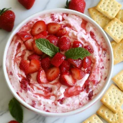 - 1 cup cream cheese, softened - 1/2 cup powdered sugar - 1 teaspoon vanilla extract - 1/4 cup sour cream - 1 1/2 cups fresh strawberries, hulled and finely chopped - 1/4 cup strawberry jam - Fresh mint leaves for garnish (optional) - Graham crackers or vanilla wafer cookies for dipping When I pick strawberries, I look for bright red ones. They should feel firm and smell sweet. Avoid any that are dull or mushy. For cream cheese, you can use Greek yogurt or a dairy-free version if needed. Sour cream can be swapped with plain yogurt for a lighter touch. These swaps still keep the dip tasty! {{ingredient_image_1}} To start, take 1 cup of softened cream cheese and put it in a mixing bowl. Next, add 1/2 cup of powdered sugar. Use an electric mixer to blend them together. Mix until it is smooth and creamy. This is the base of our dip. Now it's time to add flavor. Pour in 1 teaspoon of vanilla extract. Then add 1/4 cup of sour cream. Mix this well to make sure everything combines perfectly. The mixture should feel light and fluffy, adding a nice taste to the dip. Next, we will fold in the fun parts. Take 1 1/2 cups of fresh strawberries. Make sure they are hulled and finely chopped. Add them to the bowl. Then, pour in 1/4 cup of strawberry jam. Gently stir these into the cream cheese mix. You want to see a beautiful swirl of red and pink. Finally, taste the dip. If you want it sweeter, add more powdered sugar or jam. After that, transfer the dip to a nice serving bowl. For a lovely touch, you can garnish the dip with whole strawberries and fresh mint leaves. This will make your dip look extra special. When serving, pair it with graham crackers or vanilla wafer cookies. They are perfect for dipping! Enjoy your delicious creation! To taste and adjust sweetness, start with a small spoonful of the dip. If it feels too tangy, add more powdered sugar or a bit of strawberry jam. Mix well after each addition. This keeps the dip creamy and smooth. For alternative sweeteners, try honey or maple syrup. Both bring unique flavors and work well. Just remember, these may change the dip’s texture slightly. For creative serving suggestions, use a bright and colorful bowl. Place it on a platter with whole strawberries and edible flowers around it. This makes the dip look fresh and inviting. You can also use small cups for individual servings. Add a graham cracker or vanilla wafer on the side for easy dipping. For garnishes, fresh mint leaves brighten the dish. You can sprinkle some crushed graham crackers on top for crunch. This adds a nice texture contrast. Have fun with your plating, and let your creativity shine! Pro Tips Use Room Temperature Ingredients: Ensure your cream cheese is at room temperature for a smoother blend with the powdered sugar. Fresh Strawberries Matter: Use ripe, fresh strawberries for the best flavor and texture in your dip. Adjust Sweetness to Taste: Feel free to modify the amount of powdered sugar or jam based on your sweetness preference. Chill Before Serving: For a firmer texture, refrigerate the dip for about 30 minutes before serving. {{image_2}} You can make this dip even more fun by adding different flavors. Try mixing in other fruits like blueberries or raspberries. These fruits add a nice twist and taste great! You can also use chocolate or nut butters. A little melted chocolate mixed in creates a delightful chocolate strawberry flavor. Nut butters like almond or peanut can add creaminess and a rich taste. If you want gluten-free options, use rice crackers or fresh fruit slices for dipping. These choices are easy to find and tasty. For a vegan dip, swap out the cream cheese with a vegan cream cheese made from nuts. You can also use coconut cream as a base. Just make sure to check labels for added sugars. With these simple changes, everyone can enjoy this delicious treat! To store your leftover dip, place it in an airtight container. This helps keep it fresh. You can keep it in the fridge for up to three days. If you notice any change in texture or smell, it’s best to toss it out. Always check for freshness before enjoying it again. Yes, you can freeze Strawberry Cheesecake Dip! However, the texture may change slightly. To freeze, use an airtight container and fill it only two-thirds full. This allows room for expansion. When you're ready to eat, move it to the fridge to thaw overnight. Stir well before serving to bring back its creamy texture. Can I make this dip in advance? Yes, you can make this dip ahead of time. Just store it in the fridge. It stays fresh for about three days. Cover it tightly to keep the flavors strong. When you're ready to serve, give it a quick stir. How do I make it less sweet? To reduce the sweetness, cut back on the powdered sugar. You can also use less strawberry jam. Taste the dip as you go. This way, you can find the perfect level of sweetness for you. What can I use instead of cream cheese? If you need a substitute for cream cheese, try Greek yogurt or silken tofu. Both options add creaminess without the same flavor. They will change the taste slightly, but they work well. What are the best dippers for this dip? Graham crackers and vanilla wafer cookies are classic dippers. You can also use fresh fruit like apple slices or banana pieces. Pretzels add a nice salty crunch, too. Feel free to get creative! Can I use other flavors of jam? Absolutely! You can try other fruit jams like raspberry or blueberry. Each flavor will give the dip a new twist. Just remember to adjust the amount for taste. Enjoy experimenting with different flavors! This blog post covered how to make a tasty Strawberry Cheesecake Dip. We explored the ingredients, including cream cheese, strawberries, and sweeteners. I shared step-by-step instructions to help you prepare it easily. You can also find tips for adjusting sweetness and creative serving ideas. Remember, variations let you make this dip your own. Enjoy this treat fresh, or store it correctly for later. Making this dip is fun and simple, perfect for sharing with friends or family. You’ll love the sweet flavor and easy preparation!