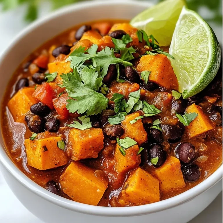 To make Sweet Potato Black Bean Chili, gather these simple ingredients: - 2 medium sweet potatoes, peeled and diced - 1 can (15 oz) black beans, rinsed and drained - 1 can (14 oz) diced tomatoes with green chilies - 1 medium onion, chopped - 3 cloves garlic, minced - 1 bell pepper (any color), chopped - 2 cups vegetable broth - 2 teaspoons ground cumin - 1 teaspoon smoked paprika - 1 teaspoon chili powder - 1/2 teaspoon cayenne pepper (adjust to taste) - Salt and pepper to taste - 2 tablespoons olive oil - Fresh cilantro for garnish - Lime wedges for serving You can easily swap some ingredients if needed: - Use any type of beans, like kidney or pinto beans, instead of black beans. - Swap sweet potatoes for regular potatoes or butternut squash. - Use fresh tomatoes if canned ones are not available. - Any onion type works; red or yellow onions are great. - If you don’t have vegetable broth, water will work too. - For added heat, try jalapeños or hot sauce instead of cayenne pepper. This chili is not only tasty but also healthy. Here’s a rough estimate per serving: - Calories: 250 - Protein: 10g - Carbohydrates: 45g - Dietary Fiber: 12g - Sugars: 5g - Fat: 6g This dish is packed with nutrients from sweet potatoes and beans. Plus, it fits well into a balanced diet! {{ingredient_image_1}} Start by peeling and dicing two medium sweet potatoes. Make sure the pieces are small and even. This helps them cook well. Next, chop one medium onion and one bell pepper. You can use any color of bell pepper you like. Mince three cloves of garlic. Gather all these vegetables together. They will add great flavor to your chili. In a large pot, heat two tablespoons of olive oil over medium heat. Once the oil is hot, add the chopped onion and bell pepper. Sauté them for about 5 to 7 minutes. You want them soft but not brown. Then, add the minced garlic and cook for 1 to 2 minutes. It will smell amazing! Next, add the diced sweet potatoes. Stir them in well and cook for 5 minutes. This will help soften them a bit. Now, sprinkle in the spices: 2 teaspoons of ground cumin, 1 teaspoon of smoked paprika, 1 teaspoon of chili powder, and 1/2 teaspoon of cayenne pepper. Add salt and black pepper to taste. Stir until the sweet potatoes are coated in the spices. Pour in one can of diced tomatoes with green chilies and 2 cups of vegetable broth. Then, add one can of black beans that you rinsed and drained. Bring everything to a boil. After that, reduce the heat to low. Cover the pot and let it simmer for 25 to 30 minutes. Stir occasionally to keep it from sticking to the bottom. Once the sweet potatoes are tender, taste the chili. Adjust the seasoning if needed. If you want a thinner chili, add a splash of vegetable broth. Serve your chili hot. Garnish with fresh cilantro and add lime wedges on the side for a zesty touch. Enjoy this hearty meal! If you like some heat, add more cayenne pepper. Start with a half teaspoon. Taste the chili after it cooks for a bit. You can always add more spice later. If you want it milder, skip the cayenne. You can also use sweet or mild chili powder for a gentle flavor. To boost the flavors, try adding lime juice. A squeeze of fresh lime brightens the dish. You can also toss in some fresh herbs like cilantro or parsley. They add a burst of freshness. For a smoky touch, add a dash of chipotle powder. It gives a nice depth without being too spicy. This chili tastes even better the next day. Make it in advance and store it in the fridge. Let the flavors blend overnight. You can prepare it up to three days ahead. Just reheat it gently on the stove. If it thickens, add a splash of vegetable broth to loosen it up. Pro Tips Use Fresh Spices: Freshly ground spices can enhance the flavor significantly. Consider using whole spices and grinding them just before cooking for a more aromatic chili. Adjust the Heat: If you like your chili spicy, feel free to increase the cayenne pepper or add fresh jalapeños. For a milder taste, reduce the cayenne or omit it altogether. Make it Ahead: This chili tastes even better the next day! Make a larger batch and refrigerate it overnight to allow the flavors to meld together. Serve with Toppings: Enhance your chili experience by serving it with a variety of toppings like avocado, shredded cheese, or sour cream. Fresh lime juice also adds a bright flavor! {{image_2}} You can change this chili to fit your taste. Add corn for a sweet crunch. Try diced zucchini for more veggies. You can also put in some spinach or kale. These greens add color and nutrition. For a smokier flavor, add chipotle peppers in adobo sauce. This will spice things up! Want some protein? You can add cooked chicken or turkey. If you prefer plant-based options, try adding lentils. They cook fast and soak up flavors well. For a hearty twist, add ground beef or sausage. Just brown the meat first, then mix it in with the veggies. This chili is fun to serve! Use it as a taco filling. Just scoop some into a tortilla and add toppings. You can also serve it over rice. It makes a filling rice bowl. Top it with fresh cilantro and a squeeze of lime. For a crunchy twist, serve it with tortilla chips. Enjoy the flavors in many ways! After making your sweet potato black bean chili, let it cool down. Once it’s cool, place it in an airtight container. Store it in the fridge for up to five days. This chili tastes great as leftovers. The flavors will deepen, making each bite even better. You can also freeze your chili if you have extra. Use a freezer-safe container or a heavy-duty freezer bag. Leave some space at the top for expansion. This chili freezes well for up to three months. When you’re ready to eat, just thaw it in the fridge overnight. To reheat your chili, you have a few options. You can warm it on the stove over medium heat. Stir it often to keep it from sticking. If you use a microwave, place it in a microwave-safe bowl. Heat in short bursts, stirring in between. Add a splash of broth if it seems too thick. Enjoy your meal! Yes, you can make this chili in a slow cooker. Start by sautéing the onion and bell pepper in olive oil. After that, add all the ingredients to the slow cooker. Mix well and cook on low for 6-8 hours or on high for 3-4 hours. It will be just as tasty! You can enjoy this chili with various sides. Try serving it with: - Cornbread - Rice - Tortilla chips - A simple green salad - Avocado slices These sides add great texture and flavor. You can also use lime wedges to squeeze over the chili for extra zing. Yes, this recipe is gluten-free. All the ingredients, like sweet potatoes, black beans, and spices, do not contain gluten. Always check labels when buying canned goods, like the diced tomatoes, to be sure. Enjoy this hearty meal without worry! This blog post details how to make Sweet Potato Black Bean Chili. We covered the key ingredients and their substitutes. You learned how to prepare, cook, and serve the chili. Tips like adjusting spice levels and enhancing flavors can improve your dish. We explored variations with proteins and serving ideas. Finally, I shared storage tips for leftovers. Making this chili is fun and simple. Enjoy creating your version and share it with others!