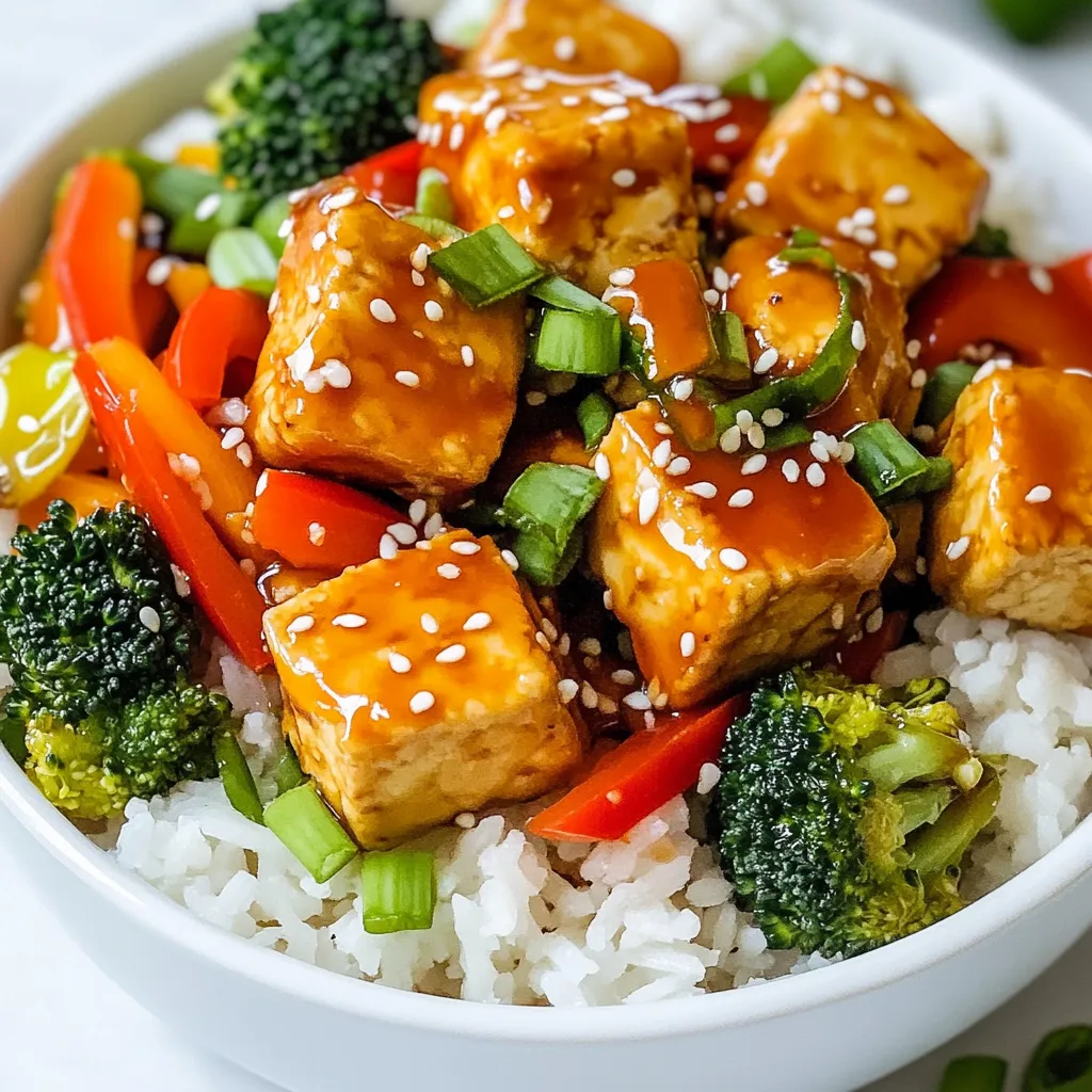 To make this dish, you need the following main ingredients: - 14 oz firm tofu, pressed and cubed - 2 tablespoons cornstarch - 2 tablespoons vegetable oil - 1 red bell pepper, sliced - 1 cup broccoli florets - 1 carrot, julienned - 3 green onions, chopped These ingredients come together to create a colorful and tasty meal. The tofu is the star, giving a solid base to the dish. The cornstarch helps achieve that wonderful crispy texture that everyone loves. For the teriyaki sauce, gather these items: - 1/4 cup soy sauce - 2 tablespoons maple syrup - 1 tablespoon rice vinegar - 1 teaspoon garlic, minced - 1 teaspoon ginger, grated This sauce adds a sweet and savory flavor to the stir fry. The soy sauce brings saltiness, while maple syrup gives a hint of sweetness. To finish your dish, consider adding these optional garnishes: - 1 tablespoon sesame seeds - Extra chopped green onions These garnishes not only enhance the look of your meal but also add a lovely crunch and flavor boost. Enjoy the extra touch they bring to your Crispy Teriyaki Tofu Stir Fry! {{ingredient_image_1}} Start by pressing the tofu. This step removes extra water and helps it get crispy. After pressing, cut the tofu into bite-sized cubes. Place these cubes in a large bowl. Next, sprinkle cornstarch over the tofu. Toss the tofu until it is evenly coated. The cornstarch is key for that crispy texture. Heat vegetable oil in a large skillet or wok over medium-high heat. Once the oil is hot, add the tofu cubes in a single layer. Do not overcrowd the pan. Cook the tofu for about 4-5 minutes on each side. You want them golden brown and crispy. When they are done, remove the tofu from the pan and set it aside. In the same skillet, add a bit more oil if needed. Toss in the sliced red bell pepper, broccoli florets, and julienned carrot. Stir-fry the vegetables for 3-4 minutes. You want them to be tender but still crisp. While the veggies cook, make the teriyaki sauce. Mix soy sauce, maple syrup, rice vinegar, minced garlic, and grated ginger in a small bowl. Whisk until smooth. Once the veggies are ready, add the crispy tofu back into the pan. Pour the teriyaki sauce over everything. Stir well to coat the tofu and veggies. Cook for another 2-3 minutes to warm the sauce. Finally, stir in the chopped green onions. Serve the stir fry over cooked rice or quinoa. Add sesame seeds on top if you like. To get tofu that is crispy, you need to press it first. This removes extra moisture. Cut the tofu into cubes after pressing. Use cornstarch to coat each piece. This creates a crunchy layer when you fry it. Heat your skillet well before adding the tofu. Fry it in a single layer to avoid steaming. Cook until golden brown on all sides. This method gives you a satisfying crunch in every bite. You can make your teriyaki sauce just the way you like it. Start with soy sauce as your base. Add maple syrup for sweetness. If you want more tang, include rice vinegar. Try adding minced garlic and grated ginger for flavor. To spice it up, mix in red pepper flakes or sriracha. For a richer taste, use a splash of sesame oil. Taste the sauce as you mix and adjust as needed. Serve your crispy tofu stir fry over cooked rice or quinoa. This adds a nice base to the dish. You can also add a side of steamed vegetables for color and nutrition. Garnish with chopped green onions and sesame seeds for a nice touch. If you like, serve it with a small bowl of extra teriyaki sauce on the side. This makes for a fun, interactive meal. Pro Tips Press Tofu Well: Make sure to press the tofu for at least 20-30 minutes to remove excess moisture, which helps achieve a crispier texture when frying. Cornstarch Coating: For extra crunch, toss the tofu in cornstarch just before frying. This creates a delicious crispy layer that enhances the overall dish. Vegetable Variety: Feel free to mix and match vegetables based on your preference or what you have on hand. Snap peas, mushrooms, or bok choy work great in this stir fry! Homemade Teriyaki Sauce: Customize your teriyaki sauce by adjusting the sweetness or adding a splash of sesame oil for added depth of flavor. {{image_2}} You can make this dish even more delicious by adding other plant-based proteins. Try using tempeh or seitan for a different texture. You can also add chickpeas for a boost of protein. If you want more flavor, toss in some mushrooms or snap peas. These add-ins will complement the teriyaki sauce well. If you are not a fan of tofu, there are great substitutes. You can use cauliflower or eggplant as a base. Both can soak up flavors nicely. You might also try using jackfruit for a unique twist. Just remember to adjust cooking times based on what you choose. Using seasonal veggies can enhance the taste and nutrition of your stir fry. In spring, add asparagus or snap peas for a fresh crunch. Summer brings zucchini and bell peppers, which pair well with teriyaki sauce. In the fall, consider adding squash or carrots. Winter is perfect for hearty greens like kale or bok choy. These choices keep the dish exciting all year long! To store leftovers, let the stir fry cool first. Place it in an airtight container. Keep it in the fridge for up to three days. If you plan to keep it longer, consider freezing it. When reheating, use a skillet or pan. Heat it over medium heat. Add a splash of water or broth to keep it moist. Stir often to heat evenly. This helps maintain the crispy texture of the tofu. To freeze, pack the stir fry in a freezer-safe container. Make sure to seal it tightly. Label it with the date. You can freeze it for up to two months. To reheat, let it thaw overnight in the fridge. Then, heat it in a skillet as before for the best taste. Yes, you can make this dish gluten-free. Simply use gluten-free soy sauce or tamari instead of regular soy sauce. This small swap keeps the flavor while making it safe for those with gluten issues. To press tofu, first, remove it from the package and drain excess liquid. Wrap the tofu block in a clean kitchen towel or paper towels. Next, place a heavy object, like a skillet or a few cans, on top. Let it sit for 15 to 30 minutes. This helps remove more moisture, making the tofu firmer and better for frying. You can serve this stir fry with cooked rice or quinoa. Both options soak up the teriyaki sauce well. For a colorful plate, add a side of steamed vegetables or a light salad. You can also sprinkle extra sesame seeds on top for added crunch! You now know how to make a delicious Crispy Teriyaki Tofu Stir Fry. We covered the key ingredients, step-by-step cooking, and helpful tips for the best texture. You also learned about variations and how to store leftovers. This dish is easy to customize, making it a perfect meal for you and your family. Try different veggies or sauces to keep it fun. Enjoy your tasty stir fry!
