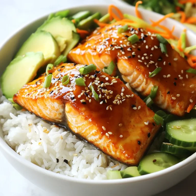 To make your Sriracha Honey Salmon Rice Bowls, you'll need the following ingredients: - 2 salmon fillets - 2 tablespoons Sriracha sauce - 2 tablespoons honey - 1 tablespoon soy sauce - 1 teaspoon sesame oil - 1 cup jasmine rice - 2 cups vegetable broth (or water) - 1 avocado, sliced - 1 cup cucumber, julienned - 1 carrot, shredded - 2 green onions, chopped - Sesame seeds, for garnish - Salt and pepper to taste Using fresh ingredients can elevate your meal. I recommend: - Fresh salmon fillets for rich taste and texture. - Ripe avocados for creaminess and healthy fats. - Crisp cucumbers to add crunch and freshness. - Bright green onions to enhance flavor and color. - Fresh carrots for sweetness and color. To prepare this dish, you will need some basic tools: - A small bowl for mixing the marinade. - A shallow dish for marinating the salmon. - A medium saucepan for cooking the rice. - A baking sheet lined with parchment paper for the salmon. - A fork to fluff the rice. - Serving bowls to assemble your rice bowls. With these ingredients and tools, you are set to create a delicious meal that bursts with flavor. Enjoy the cooking process! {{ingredient_image_1}} To start, you will mix Sriracha, honey, soy sauce, and sesame oil in a bowl. This mixture gives the salmon its sweet and spicy kick. Place the salmon fillets in a shallow dish. Pour the marinade over the salmon, making sure to coat each piece well. Let the salmon sit for at least 15 minutes. This helps the flavors soak in. Next, rinse the jasmine rice under cold water. This takes out extra starch. You want the water to run clear. In a medium saucepan, bring 2 cups of vegetable broth to a boil. Add the rinsed rice and a pinch of salt. Lower the heat to simmer and cover the pot. Cook for about 15 minutes. The rice should absorb all the broth. Once done, fluff the rice with a fork and set it aside. Preheat your oven to 400°F (200°C). Line a baking sheet with parchment paper to prevent sticking. Place the marinated salmon fillets on the baking sheet. Bake for 12 to 15 minutes. The salmon should be cooked through and flake easily with a fork. This step makes the salmon tender and juicy. While the salmon bakes, prepare your fresh vegetables. In each serving bowl, start with a base of jasmine rice. Add sliced avocado, julienned cucumber, shredded carrot, and chopped green onions on top. Each of these adds color and crunch to your bowls. Once the salmon is ready, place a fillet on each rice bowl. Drizzle any leftover marinade from the baking sheet over the salmon. This adds even more flavor. Finally, sprinkle sesame seeds on top for a nice finish. If you want, add salt and pepper to taste. A squeeze of fresh lime juice gives it a bright touch. To get the best texture for your salmon, marinate it well. The Sriracha and honey mix adds flavor and moisture. Let it sit for at least 15 minutes. This helps the salmon absorb all the tasty goodness. When you cook it, aim for a temperature of 145°F (63°C). This ensures it is safe to eat and soft. You can bake, grill, or pan-sear your salmon. Baking is easy and gives even cooking. Grilling adds a nice smoky flavor. For pan-searing, heat oil in a skillet. Cook for about 4-5 minutes per side. Each method gives you different tastes, so try them all! When cooking jasmine rice, rinse it first. This removes excess starch and keeps it fluffy. Use vegetable broth for extra flavor. After cooking, let it sit covered for 5 minutes. Then, use a fork to fluff it gently. This keeps the grains separate and light. Enjoy your perfect rice with the salmon! Pro Tips Marinate Longer for More Flavor: For the best flavor, marinate the salmon for at least 30 minutes or even overnight in the refrigerator. This allows the flavors to penetrate the fish more deeply. Use Fresh Ingredients: Always opt for fresh vegetables and ripe avocados for optimal taste and texture. Fresh ingredients will elevate the overall quality of your dish. Perfectly Cooked Salmon: Keep an eye on the salmon as it bakes; cooking time can vary based on thickness. The internal temperature should reach 145°F (63°C) for perfectly cooked salmon. Customize Your Bowl: Feel free to add your favorite toppings such as radishes, edamame, or pickled ginger to personalize your rice bowl and make it your own! {{image_2}} You can change the taste of your sauce easily. Want more spice? Add extra Sriracha. Want it sweeter? Add more honey. If you like tang, try a splash of lime juice. You can also use maple syrup for a different flavor. Mix and match to find your perfect blend! You don’t have to stick to just one type of veggie. Try bell peppers for a sweet crunch. Broccoli adds a nice bite and color. You can use snap peas for a fresh twist, too. If you have carrots, try shredding them or cutting them into sticks. Get creative with what you have! Rice is great, but it is not the only option. You can use quinoa for a nutty flavor. Cauliflower rice is a low-carb choice. For a fun twist, try serving it in lettuce wraps! This keeps the dish light and fresh. You can even serve it with noodles for a different experience. To keep your Sriracha honey salmon rice bowls fresh, store them in a sealed container. Make sure to separate the salmon from the rice and veggies. This helps keep everything fresh. If you mix them, the rice may get soggy. Your leftovers can last for up to three days in the fridge. When you're ready to enjoy your leftovers, reheat them gently. For the salmon, place it in the oven at 350°F (175°C) for about 10 minutes. This keeps it moist. For the rice, you can use the microwave. Add a splash of water to keep it from drying out. Heat in short bursts, stirring in between. To keep your ingredients fresh, store your Sriracha and honey in a cool, dark place. Seal them tightly after each use. For the vegetables, put them in the fridge. Use the avocado soon, as it ripens quickly. Store it whole and uncut to last longer. Keep cucumbers and carrots in an airtight container with a little water to stay crisp. This helps maintain their crunch! Yes, you can! Prepare the rice and veggies a day ahead. Store them in the fridge. Marinate the salmon and keep it separate until you are ready to cook. This way, the salmon stays fresh. Cook the salmon just before serving for the best flavor. If you don’t have Sriracha, use another hot sauce. You can also mix chili paste with honey for a similar taste. If you want less heat, try using sweet chili sauce. Adjust the amount based on your spice level. Yes, this recipe works great for meal prep! You can make several servings at once. Divide the rice and salmon into containers. Add veggies on top. Store them in the fridge for up to four days. Just reheat the salmon before you eat it. The spice level is moderate. Sriracha gives it a nice kick, but the honey helps balance it. If you prefer less spice, use less Sriracha. You can also add more honey to tone it down. Adjust the heat to suit your taste. You learned how to make tasty Sriracha honey salmon rice bowls. We explored the best ingredients, cooking steps, and tips for perfect texture. You can customize the sauce and swap veggies to fit your taste. Storing leftovers is easy with simple practices. These bowls are great for meal prep and can be made ahead. Enjoy your cooking adventure and share this delicious recipe with family and friends!