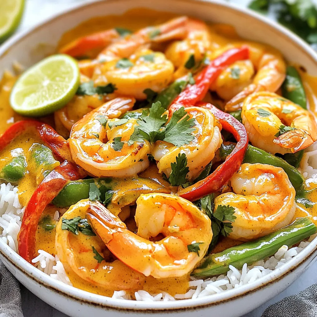 - 1 lb large shrimp, peeled and deveined - 1 can coconut milk (14 oz) - 2 tablespoons coconut oil - 1 medium onion, finely chopped - 2 garlic cloves, minced - 1 tablespoon fresh ginger, grated - 1 red bell pepper, sliced - 1 cup snap peas - 2 tablespoons red curry paste - 2 tablespoons lime juice - Zest of 1 lime - Salt and pepper to taste Large shrimp serve as the star of this dish. They soak up the rich coconut milk and spices. The coconut milk creates a creamy base. It adds a sweet flavor that balances the dish. Coconut oil adds a nice depth and aroma. Onions, garlic, and ginger are key in building flavor. When sautéed, they release their natural oils. This step enhances the taste of the whole dish. Red bell pepper and snap peas add a colorful crunch. They also provide a fresh contrast to the creamy sauce. Red curry paste brings heat and depth. You can adjust the amount based on your heat preference. Lime juice and zest brighten the dish with a tangy kick. Salt and pepper round out the flavors, making them pop. These ingredients come together to create a delightful experience. The blend of flavors makes each bite enjoyable. {{ingredient_image_1}} 1. First, grab a large skillet. Heat 2 tablespoons of coconut oil over medium heat until it melts. You want it to shimmer. 2. Next, add in 1 medium onion, finely chopped. Sauté it for 3-4 minutes until it turns translucent. 3. Then, stir in 2 minced garlic cloves and 1 tablespoon of grated ginger. Cook for 1 minute until you smell the aroma. 4. Now, toss in 1 sliced red bell pepper and 1 cup of snap peas. Stir them often for about 3 minutes. 5. Add 2 tablespoons of red curry paste. Make sure it coats the veggies well, cooking for another minute. 6. Pour in 1 can of coconut milk. Stir everything together and bring it to a gentle simmer. 7. Add 1 pound of large shrimp, peeled and deveined. Cook for 4-5 minutes until they turn pink and opaque. 8. Season your curry with 2 tablespoons of lime juice, zest from 1 lime, and salt and pepper to taste. 9. Remove the skillet from heat and let it sit for a couple of minutes. This helps the flavors blend nicely. 10. Serve your curry over cooked jasmine rice. Garnish with fresh cilantro for a bright finish. To make this dish shine, start with the curry paste. You can adjust the amount based on your spice level. If you like heat, add more paste. If you prefer mild, use less. Always taste as you go. Next, focus on the shrimp. Cook them just until they turn pink and opaque. If you overcook, they will be tough. Aim for about 4 to 5 minutes in the skillet. Garnishes can elevate your dish. Fresh cilantro adds a bright touch. Chopped green onions also bring a nice crunch. You might add a slice of lime on the side for extra zest. Serve your curry over jasmine rice. The fluffy rice soaks up the sauce well. You could also try coconut rice for added flavor. Manage the skillet heat carefully. Start at medium heat for even cooking. If it gets too hot, the shrimp might cook too fast. Adjust as needed. Layering flavors is key. Start with the onion, garlic, and ginger. Then, add the bell pepper and snap peas. This method builds a rich taste. Stir frequently to ensure even cooking and flavor melding. Pro Tips Use Fresh Shrimp: For the best flavor and texture, opt for fresh shrimp instead of frozen when possible. If using frozen shrimp, ensure they are fully thawed before cooking. Adjust Curry Paste: The heat level of red curry paste can vary, so start with a smaller amount and adjust according to your taste preference. You can always add more, but you can't take it away! Garnish for Freshness: Adding fresh cilantro at the end not only enhances the flavor but also adds a pop of color to your dish, making it visually appealing. Let it Rest: Allowing the dish to sit for a few minutes off the heat helps the flavors meld together, resulting in a more delicious and harmonious curry. {{image_2}} - Alternative proteins: You can swap shrimp for chicken or tofu. Chicken thighs offer a nice, juicy bite. Tofu gives a plant-based option that soaks up flavors well. - Dairy-free options: The recipe is already dairy-free with coconut milk. If you want a creamier texture, try adding almond milk or cashew cream. - Adding different spices: You can boost the flavor with spices like cumin or coriander. A pinch of turmeric adds color and warmth. For heat, add a sprinkle of chili flakes. - Incorporating fruit or other vegetables: Add pineapple chunks for a sweet twist. Broccoli or zucchini can add more veggies and crunch. Experiment with what you have on hand! - Serving styles: Serve the curry in a bowl over jasmine rice. You can also use coconut rice for extra flavor. - Creative garnishing tips: Top with sliced green onions or a wedge of lime. Fresh cilantro adds a pop of color and taste. For fun, use a colorful plate to make it eye-catching. After enjoying your Coconut Lime Shrimp Curry Skillet, store leftovers in an airtight container. Place the container in the fridge. This keeps the shrimp and other ingredients fresh. Use the curry within three days for the best taste. If you want to save it longer, you can freeze it. To freeze, place leftovers in a freezer-safe bag. Remove as much air as possible before sealing. This helps prevent freezer burn. When it's time to eat the leftovers, reheating is key. The best method is to use the stove. Heat a skillet over low heat. Add the curry and stir gently until warm. This keeps the shrimp from overcooking. You can also use the microwave. Place the curry in a microwave-safe dish. Heat in short bursts, stirring in between. Keep an eye on it to avoid rubbery shrimp. In the fridge, the Coconut Lime Shrimp Curry Skillet lasts for about three days. If you freeze it, you can enjoy it for up to three months. Always check for signs of spoilage before eating. If the shrimp smells off or the sauce has changed color, it’s best to toss it. Keeping an eye on freshness ensures you enjoy every bite! I recommend using coconut oil. It adds a great flavor. Coconut oil also has a high smoke point. This means it won’t burn easily when heated. You can also use vegetable oil if you prefer. Yes, you can make Coconut Lime Shrimp Curry Skillet ahead of time. Cook it fully and let it cool. Store it in an airtight container in the fridge. It stays good for about three days. Just reheat it before serving. The spice level depends on the red curry paste you use. Some brands are milder, while others pack more heat. You can adjust the amount of curry paste to suit your taste. If you want less spice, start with one tablespoon. This curry pairs well with jasmine rice. The rice soaks up the sauce nicely. You can also serve it with naan bread or a fresh salad. For a drink, try a light coconut water or iced tea. This dish uses large shrimp, coconut milk, and vibrant veggies for a bold flavor. Start by heating coconut oil and adding aromatic onions, garlic, and ginger. Then, introduce red pepper and snap peas for crunch. Cooking shrimp in coconut milk makes it creamy and delicious. To make it even better, adjust the curry heat and try different proteins or veggies. Store leftovers in the fridge for a few days or freeze for later. Enjoy this easy, tasty meal and impress your loved ones with your cooking skills.