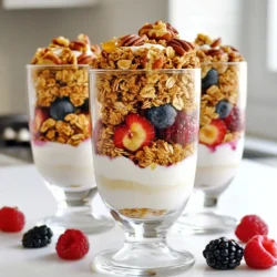 To make Maple Pecan Granola Parfaits, you need a few simple items. Here’s the list of ingredients: - 1 cup rolled oats - 1/2 cup pecans, roughly chopped - 1/4 cup maple syrup - 1/4 cup coconut oil, melted - 1/2 teaspoon cinnamon - 1/4 teaspoon salt - 2 cups Greek yogurt (plain or vanilla) - 1 cup mixed berries (strawberries, blueberries, raspberries) - Optional: a drizzle of honey for serving Each ingredient plays a key role in the parfait. Rolled oats give the granola a nice crunch. Pecans add a rich flavor and healthy fats. Maple syrup brings sweetness and depth. Coconut oil helps bind the granola and adds a hint of coconut taste. Cinnamon and salt enhance the flavors, making the granola more tasty. Greek yogurt provides creaminess and protein. Mixed berries add freshness and vibrant color. You may choose to drizzle honey on top for extra sweetness. These ingredients combine to create a delicious and nutritious treat. 1. Preheat the oven: Start by setting your oven to 350°F (175°C). This step helps the granola bake evenly. 2. Combine ingredients in a bowl: In a large mixing bowl, mix together 1 cup of rolled oats, 1/2 cup of chopped pecans, 1/4 cup of maple syrup, 1/4 cup of melted coconut oil, 1/2 teaspoon of cinnamon, and 1/4 teaspoon of salt. Stir well until all the oats and nuts are coated. 3. Spread mixture on baking sheet: Take a baking sheet lined with parchment paper. Spread the mixture evenly across the sheet. This ensures it bakes properly. 4. Baking and cooling processes: Bake the granola for 15-20 minutes. Stir it halfway through to get an even bake. Once it turns golden brown, remove it from the oven. Let it cool completely on the baking sheet. This cooling step makes it crunchy. 1. Layering yogurt, granola, and berries: Grab your serving glasses or bowls. Start with a layer of Greek yogurt at the bottom. Next, add a layer of your homemade granola. Top that with 1 cup of mixed berries like strawberries, blueberries, or raspberries. Repeat these layers until you fill the glasses. End with berries on top for a beautiful finish. 2. Tips for perfect layers: To keep the layers distinct, avoid mixing them. Use a spoon to gently add each layer. A clear glass helps show off the layers nicely. For extra sweetness, drizzle honey on top if you like. To get the right texture for your granola, follow these steps. First, mix your oats and pecans well with maple syrup and coconut oil. This helps them stick together. Bake until golden brown, but don’t let it burn. Stir halfway through to ensure even cooking. Cooling is key. Once you take the granola out of the oven, let it cool completely on the baking sheet. This step makes the granola crisp. If you skip it, your granola will be chewy and not as tasty. Garnishing your parfaits makes them look great! Use clear glass cups to show off your layers. Top with a few extra pecans and berries for color. A drizzle of honey adds a nice touch too. These parfaits are perfect for any occasion. Serve them at breakfast, brunch, or as a light dessert. They work well for gatherings or just a cozy morning at home. Enjoy these tasty treats any time! {{image_2}} You can play with the nuts in this recipe. Almonds or walnuts work well too. Each nut brings its own flavor and texture. Try sunflower seeds for a nut-free option. They add crunch and pair nicely with the granola. For sweeteners, maple syrup is great, but honey or agave syrup can also shine. Each one gives a unique taste. You can even use brown sugar if you prefer. Just mix it well with your other ingredients. In spring and summer, fresh fruits are plentiful. Strawberries, blueberries, and raspberries are perfect for this parfait. Their bright colors and natural sweetness make the dish pop. You can even add peaches or cherries for a twist. When winter comes, fresh fruit can be scarce. Frozen berries are a great choice. They keep their flavor and nutrients. Just let them thaw a bit before layering. They’ll still taste amazing in your parfait! To keep your granola fresh, store it in an airtight container. This helps keep out moisture and air. You can place it in a cool, dark spot like a pantry. Properly stored granola lasts about two weeks. If you want it to last longer, consider freezing it. Granola can last up to three months in the freezer. Just make sure to let it cool completely before storing. To keep parfaits overnight, cover them tightly with plastic wrap. This keeps the yogurt and berries fresh. If you make parfaits for meal prep, layer them in jars. Keep the granola separate until you're ready to eat. This way, the granola stays crunchy. Assembled parfaits are best eaten within 24 hours for optimal taste. Can I make this recipe vegan? Yes, you can easily make this recipe vegan. Just swap the Greek yogurt for a plant-based yogurt. Almond, coconut, or soy yogurt works well. You can also use maple syrup as a sweetener, which is already vegan-friendly. How long does granola last? Granola can last up to two weeks if stored properly. Keep it in an airtight container at room temperature. If you want it to last longer, you can freeze it. Just make sure to seal it well to avoid freezer burn. What are the health benefits of this parfait? Maple pecan granola parfaits offer many health benefits. Here are some key points: - High in fiber: The rolled oats and berries help with digestion. - Healthy fats: Pecans provide good fats for heart health. - Protein: Greek yogurt adds protein, which is great for muscle repair. - Antioxidants: Berries contain antioxidants that can help fight disease. Overall, this parfait is a tasty and nutritious choice for breakfast or a snack. In this article, we explored how to make delicious Maple Pecan Granola Parfaits. You learned about the key ingredients, step-by-step instructions, and useful tips. We also discussed variations and best storage methods. These parfaits are easy to customize for any season and perfect for many occasions. Enjoy making and sharing this tasty treat with friends and family. You’ll love the flavors and health benefits these parfaits bring to your meals!