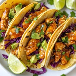 - 1 lb chicken breast, diced - 2 tablespoons honey - 2 tablespoons chipotle pepper in adobo sauce, minced - 1 tablespoon olive oil - 1 teaspoon garlic powder - 1 teaspoon cumin - Salt and pepper to taste - 8 small corn tortillas - 1 cup red cabbage, finely shredded - 1 avocado, sliced - ½ cup cilantro leaves, chopped - Lime wedges for serving You can swap chicken breast for thighs if you want more flavor. For a sweet touch, maple syrup works well instead of honey. If you don’t have chipotle, use smoked paprika for a milder taste. You can also replace corn tortillas with flour tortillas, but corn gives a great texture. For a crunch, use green cabbage or lettuce instead of red cabbage. When choosing chicken, look for pieces with no discoloration. Fresh chicken should smell mild, not strong. For honey, opt for raw, local honey for the best flavor. When buying chipotle peppers, check for a rich, dark red color. The cabbage should be firm and vibrant, and avocados should yield slightly to pressure, meaning they are ripe. Fresh cilantro should be bright green and fragrant. {{ingredient_image_1}} To start, gather your ingredients. You need 1 pound of diced chicken breast, honey, chipotle peppers, olive oil, garlic powder, cumin, salt, and pepper. In a medium bowl, mix the chicken with honey, chipotle peppers, olive oil, garlic powder, cumin, salt, and pepper. Stir well. You want each piece of chicken coated in that sweet and spicy mix. Heat a skillet over medium-high heat. Add the marinated chicken and cook for about 7 to 10 minutes. Stir occasionally. Cook until the chicken is done and has a nice caramelized look. Marinating the chicken is key. It helps to lock in flavor and moisture. For the best results, let the chicken marinate for at least 30 minutes. If you have more time, marinate it for up to 2 hours. This allows the chipotle and honey flavors to really soak in. You can also try marinating overnight in the fridge for even more flavor. Once the chicken is cooked, take it off the heat. Let it rest for a couple of minutes. This keeps it juicy. Warm the corn tortillas in a separate dry skillet over low heat. Heat them for about 30 seconds on each side. Now, it’s time to build your tacos! Take a warm tortilla and add a spoonful of the honey chipotle chicken. Top it with shredded red cabbage, sliced avocado, and chopped cilantro. Squeeze fresh lime juice on top for a zesty kick. Enjoy your tasty tacos! To cook chicken well, start with good-quality meat. Use fresh chicken breast for the best taste. Dice the chicken into small, even pieces. This helps it cook evenly. Marinate the chicken for at least 30 minutes. This step adds flavor and tenderness. When cooking, heat your skillet before adding the chicken. A hot pan sears the chicken and locks in juices. Stir occasionally for even cooking. Aim for a nice caramelized look. This adds depth to the flavor. Honey and chipotle make a great duo. The honey adds sweetness, while chipotle brings heat. Mix them well with olive oil, garlic powder, and cumin. These spices deepen the flavor of the chicken. Don't skip the salt and pepper; they balance the dish. For a zesty twist, add lime juice to your marinade. A squeeze of fresh lime on top of the tacos brightens everything up. Fresh cilantro offers a burst of herbal notes, making your tacos even better. Make your tacos look appealing. Start with warm corn tortillas. They should be soft and flexible. Place a generous spoonful of chicken in the center. Layer on shredded red cabbage for crunch. The vibrant color adds visual interest too. Next, add creamy avocado slices. This makes the taco rich and satisfying. Finish with a sprinkle of cilantro for freshness. Serve lime wedges on the side for added zest. Arrange the tacos on a colorful plate for a stunning display. Pro Tips Marinate for More Flavor: For an even deeper flavor, marinate the chicken in the honey and chipotle mixture for at least 30 minutes, or even overnight in the refrigerator. Optimal Cooking Temperature: Use a meat thermometer to ensure the chicken reaches an internal temperature of 165°F (75°C) for safe consumption. Customize Your Toppings: Feel free to add other toppings like diced tomatoes, sour cream, or cheese to suit your personal taste and create a taco bar experience. Serve with Fresh Sides: Pair these tacos with a fresh salad or grilled vegetables to complement the flavors and add some healthy options to your meal. {{image_2}} You can switch up the protein in these tacos. Try using ground turkey or beef for a different twist. If you want to keep it light, fish works well too. Just remember to adjust the cooking time. For a plant-based option, use diced tofu or jackfruit. Both absorb flavors well and offer great texture. Toppings make each taco unique. Besides red cabbage, you can add crunchy lettuce or even pickled onions. Sliced radishes add a nice touch and some crunch. If you love cheese, sprinkle some crumbled feta or cotija on top. Guacamole is a tasty option too. Don’t forget to add lime juice for extra zing. To change the heat level, you can add more chipotle or even jalapeños. For milder tacos, use less chipotle or substitute with bell peppers. If you want a smoky flavor without the heat, consider smoked paprika. Always taste as you go. This helps you find your perfect spice balance. After enjoying your honey chipotle chicken tacos, store leftovers properly. Place the chicken and toppings in separate airtight containers. Keep the tortillas in a different container. This helps keep everything fresh. Store in the fridge for up to three days. To reheat, use a skillet for the chicken. Heat on medium for about five minutes. Stir until warmed through. For tortillas, warm them in a dry skillet for 30 seconds on each side. This makes them soft again. You can freeze the honey chipotle chicken if you have extra. Place the cooled chicken in a freezer-safe bag. Squeeze out as much air as possible. Label the bag with the date. This chicken can last for up to three months in the freezer. When ready to eat, thaw in the fridge overnight before reheating. You can serve these tacos with many sides. I love to pair them with: - Mexican rice - Black beans - Grilled corn - Fresh salsa - Chips and guacamole These sides add flavor and make your meal more fun. You can also add a simple salad with lime dressing. This keeps it light and fresh. Yes, you can prepare some parts ahead. Cook the chicken and store it in the fridge. You can also shred the cabbage and slice the avocado. Just make sure to store the avocado in lemon juice to keep it fresh. Warm the tortillas and assemble the tacos right before serving. This way, they stay tasty and crisp. To heat corn tortillas, use a dry skillet over low heat. Place each tortilla in the skillet for about 30 seconds on each side. This warms them up and makes them soft. You can also wrap them in a clean towel and microwave for about 20 seconds. This keeps them warm and ready for your tacos. In this post, we covered essential ingredients, cooking steps, and helpful tips for Honey Chipotle Chicken Tacos. You learned how to choose fresh items, marinate chicken, and assemble tacos with flair. We explored ways to customize flavors and discussed storage options for leftovers. These tacos are not just tasty; they’re also easy to make. Enjoy each bite knowing you crafted something great!
