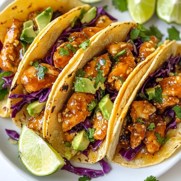 - 1 lb chicken breast, diced - 2 tablespoons honey - 2 tablespoons chipotle pepper in adobo sauce, minced - 1 tablespoon olive oil - 1 teaspoon garlic powder - 1 teaspoon cumin - Salt and pepper to taste - 8 small corn tortillas - 1 cup red cabbage, finely shredded - 1 avocado, sliced - ½ cup cilantro leaves, chopped - Lime wedges for serving You can swap chicken breast for thighs if you want more flavor. For a sweet touch, maple syrup works well instead of honey. If you don’t have chipotle, use smoked paprika for a milder taste. You can also replace corn tortillas with flour tortillas, but corn gives a great texture. For a crunch, use green cabbage or lettuce instead of red cabbage. When choosing chicken, look for pieces with no discoloration. Fresh chicken should smell mild, not strong. For honey, opt for raw, local honey for the best flavor. When buying chipotle peppers, check for a rich, dark red color. The cabbage should be firm and vibrant, and avocados should yield slightly to pressure, meaning they are ripe. Fresh cilantro should be bright green and fragrant. {{ingredient_image_1}} To start, gather your ingredients. You need 1 pound of diced chicken breast, honey, chipotle peppers, olive oil, garlic powder, cumin, salt, and pepper. In a medium bowl, mix the chicken with honey, chipotle peppers, olive oil, garlic powder, cumin, salt, and pepper. Stir well. You want each piece of chicken coated in that sweet and spicy mix. Heat a skillet over medium-high heat. Add the marinated chicken and cook for about 7 to 10 minutes. Stir occasionally. Cook until the chicken is done and has a nice caramelized look. Marinating the chicken is key. It helps to lock in flavor and moisture. For the best results, let the chicken marinate for at least 30 minutes. If you have more time, marinate it for up to 2 hours. This allows the chipotle and honey flavors to really soak in. You can also try marinating overnight in the fridge for even more flavor. Once the chicken is cooked, take it off the heat. Let it rest for a couple of minutes. This keeps it juicy. Warm the corn tortillas in a separate dry skillet over low heat. Heat them for about 30 seconds on each side. Now, it’s time to build your tacos! Take a warm tortilla and add a spoonful of the honey chipotle chicken. Top it with shredded red cabbage, sliced avocado, and chopped cilantro. Squeeze fresh lime juice on top for a zesty kick. Enjoy your tasty tacos! To cook chicken well, start with good-quality meat. Use fresh chicken breast for the best taste. Dice the chicken into small, even pieces. This helps it cook evenly. Marinate the chicken for at least 30 minutes. This step adds flavor and tenderness. When cooking, heat your skillet before adding the chicken. A hot pan sears the chicken and locks in juices. Stir occasionally for even cooking. Aim for a nice caramelized look. This adds depth to the flavor. Honey and chipotle make a great duo. The honey adds sweetness, while chipotle brings heat. Mix them well with olive oil, garlic powder, and cumin. These spices deepen the flavor of the chicken. Don't skip the salt and pepper; they balance the dish. For a zesty twist, add lime juice to your marinade. A squeeze of fresh lime on top of the tacos brightens everything up. Fresh cilantro offers a burst of herbal notes, making your tacos even better. Make your tacos look appealing. Start with warm corn tortillas. They should be soft and flexible. Place a generous spoonful of chicken in the center. Layer on shredded red cabbage for crunch. The vibrant color adds visual interest too. Next, add creamy avocado slices. This makes the taco rich and satisfying. Finish with a sprinkle of cilantro for freshness. Serve lime wedges on the side for added zest. Arrange the tacos on a colorful plate for a stunning display. Pro Tips Marinate for More Flavor: For an even deeper flavor, marinate the chicken in the honey and chipotle mixture for at least 30 minutes, or even overnight in the refrigerator. Optimal Cooking Temperature: Use a meat thermometer to ensure the chicken reaches an internal temperature of 165°F (75°C) for safe consumption. Customize Your Toppings: Feel free to add other toppings like diced tomatoes, sour cream, or cheese to suit your personal taste and create a taco bar experience. Serve with Fresh Sides: Pair these tacos with a fresh salad or grilled vegetables to complement the flavors and add some healthy options to your meal. {{image_2}} You can switch up the protein in these tacos. Try using ground turkey or beef for a different twist. If you want to keep it light, fish works well too. Just remember to adjust the cooking time. For a plant-based option, use diced tofu or jackfruit. Both absorb flavors well and offer great texture. Toppings make each taco unique. Besides red cabbage, you can add crunchy lettuce or even pickled onions. Sliced radishes add a nice touch and some crunch. If you love cheese, sprinkle some crumbled feta or cotija on top. Guacamole is a tasty option too. Don’t forget to add lime juice for extra zing. To change the heat level, you can add more chipotle or even jalapeños. For milder tacos, use less chipotle or substitute with bell peppers. If you want a smoky flavor without the heat, consider smoked paprika. Always taste as you go. This helps you find your perfect spice balance. After enjoying your honey chipotle chicken tacos, store leftovers properly. Place the chicken and toppings in separate airtight containers. Keep the tortillas in a different container. This helps keep everything fresh. Store in the fridge for up to three days. To reheat, use a skillet for the chicken. Heat on medium for about five minutes. Stir until warmed through. For tortillas, warm them in a dry skillet for 30 seconds on each side. This makes them soft again. You can freeze the honey chipotle chicken if you have extra. Place the cooled chicken in a freezer-safe bag. Squeeze out as much air as possible. Label the bag with the date. This chicken can last for up to three months in the freezer. When ready to eat, thaw in the fridge overnight before reheating. You can serve these tacos with many sides. I love to pair them with: - Mexican rice - Black beans - Grilled corn - Fresh salsa - Chips and guacamole These sides add flavor and make your meal more fun. You can also add a simple salad with lime dressing. This keeps it light and fresh. Yes, you can prepare some parts ahead. Cook the chicken and store it in the fridge. You can also shred the cabbage and slice the avocado. Just make sure to store the avocado in lemon juice to keep it fresh. Warm the tortillas and assemble the tacos right before serving. This way, they stay tasty and crisp. To heat corn tortillas, use a dry skillet over low heat. Place each tortilla in the skillet for about 30 seconds on each side. This warms them up and makes them soft. You can also wrap them in a clean towel and microwave for about 20 seconds. This keeps them warm and ready for your tacos. In this post, we covered essential ingredients, cooking steps, and helpful tips for Honey Chipotle Chicken Tacos. You learned how to choose fresh items, marinate chicken, and assemble tacos with flair. We explored ways to customize flavors and discussed storage options for leftovers. These tacos are not just tasty; they’re also easy to make. Enjoy each bite knowing you crafted something great!