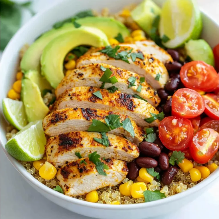 - 2 boneless, skinless chicken breasts - 2 tablespoons Cajun seasoning - 1 tablespoon olive oil - 1 cup rinsed quinoa - 2 cups vegetable broth (or water) - 1 red bell pepper, diced - 1 cup black beans, drained and rinsed - 1 cup corn (fresh or frozen) - 1 avocado, sliced - 1 cup cherry tomatoes, halved - 1/4 cup fresh cilantro, chopped - 1 lime, cut into wedges - Salt and pepper to taste - Additional garnishes (optional) Each ingredient plays a part in making this bowl tasty and healthy. The chicken gives protein. Cajun seasoning adds a kick. Quinoa serves as a great base that is full of fiber. Fresh vegetables bring color and crunch. The avocado adds creaminess, while lime gives a zesty finish. When you prepare this dish, feel free to swap out ingredients based on what you like. Want more spice? Add more Cajun seasoning. Prefer a vegetarian option? Use chickpeas instead of chicken. This recipe is flexible. It is all about making it work for you! {{ingredient_image_1}} First, take your chicken breasts. In a bowl, coat them with olive oil. Sprinkle Cajun seasoning evenly over both sides. Let the chicken marinate for at least 15 minutes. This helps the flavor soak in. Next, grab a saucepan. Combine 1 cup of rinsed quinoa and 2 cups of vegetable broth. Bring the mixture to a boil over medium heat. Once boiling, reduce heat to a simmer. Cover the pan and cook for 15 minutes. The quinoa will be fluffy when done. Fluff it with a fork. Now, heat a skillet over medium heat. Add a small amount of olive oil if needed. Place the marinated chicken in the hot skillet. Cook for 6-7 minutes on each side. The chicken is done when it reaches 165°F inside. Let it rest for a few minutes before slicing. In the same skillet, add diced red bell pepper, black beans, and corn. Sauté the veggies for 3-4 minutes. The bell pepper should become slightly tender. Season with a pinch of salt and pepper for extra flavor. Start with a base of quinoa in a large bowl. Layer the sautéed veggies on top. Next, add sliced Cajun chicken, halved cherry tomatoes, and avocado. This makes your bowl colorful and inviting. Finally, sprinkle chopped cilantro over the bowl. Serve with lime wedges on the side. Squeeze the lime for an extra burst of flavor. Enjoy your delicious Cajun Chicken Power Bowl! You can switch up the chicken for tofu or shrimp. Tofu gives a nice texture and takes on flavors well. Shrimp cooks quickly and adds a sweet touch. For grains, consider brown rice or couscous. Brown rice adds a nutty flavor. Couscous cooks fast and is light. Use colorful bowls to make your dish pop. Arrange the ingredients in sections for a nice look. This makes it easy to see all the colors. For garnish, add lime wedges next to the bowl. Fresh cilantro also adds a bright touch. To cook the chicken just right, use a meat thermometer. Aim for 165°F (75°C) to ensure it’s safe. Let the chicken rest before slicing. This keeps it juicy. For fluffy quinoa, rinse it well first. This removes bitterness. When cooking, use enough liquid and don’t skip the fluffing step at the end. A fork works best for this. Pro Tips Marinate for More Flavor: Allow the chicken to marinate for at least 30 minutes, or even overnight, to enhance the Cajun flavors. Perfect Quinoa: Rinse quinoa thoroughly before cooking to remove any bitterness and achieve a fluffy texture. Rest the Chicken: Always let the cooked chicken rest for a few minutes before slicing to retain its juices and tenderness. Fresh Ingredients: Use fresh vegetables and herbs for the best flavor and nutritional value in your power bowl. {{image_2}} To make your bowl spicier, add more Cajun seasoning or a splash of hot sauce. This extra kick will light up your taste buds. Simply sprinkle extra seasoning on the chicken before cooking. For the hot sauce, drizzle it over the finished bowl. This addition will deepen the flavor and add heat without losing the Cajun charm. You can easily swap out the chicken for chickpeas or just skip the meat. This change makes the dish plant-based and still tasty. Chickpeas provide protein and a nice texture. Just drain and rinse a can before adding them to the bowl. You can also add more veggies or spices to keep the flavor strong. Another fun way to mix things up is by using seasonal vegetables. Try adding zucchini, bell peppers, or whatever is fresh and local. In summer, you can use grilled zucchini. In fall, roasted root veggies work great too. These changes not only add flavor but also keep your bowl exciting throughout the year. To store your Cajun chicken power bowl, let it cool first. Place leftovers in an airtight container. This keeps the flavors fresh. Store it in the fridge for up to 3 days. When you take it out, check for any off smells or changes in texture. To reheat, use the microwave or a skillet. In the microwave, heat on medium for 1-2 minutes. Stir halfway to keep it even. If using a skillet, add a splash of water. Heat on low until warm, stirring often. This method helps keep the chicken juicy and the veggies crisp. You can freeze parts of this dish. The chicken and quinoa freeze well. Place them in freezer-safe bags or containers. Keep them flat for easy storage. However, avoid freezing the avocado and tomatoes. They do not thaw well and can become mushy. Use the frozen components within 2-3 months for best quality. A Cajun Chicken Power Bowl is a colorful and tasty dish. It features seasoned chicken, quinoa, and fresh veggies. The key elements include: - Boneless, skinless chicken breasts - Cajun seasoning for a spicy kick - Quinoa as a healthy grain base - A mix of vegetables like bell peppers and corn - Creamy avocado and bright cherry tomatoes A Cajun Chicken Power Bowl has around 500 calories per serving. This includes protein from the chicken and fiber from the beans and veggies. Here’s a quick breakdown: - Chicken: 200 calories - Quinoa: 220 calories - Veggies (bell pepper, black beans, corn): 80 calories - Avocado and tomatoes: 70 calories Yes, you can make this recipe ahead of time. Meal prep saves time and keeps meals easy. Here are some tips: - Cook the chicken and quinoa, then store them separately in the fridge. - Chop the veggies and keep them fresh in airtight containers. - Assemble the bowl just before eating for the best taste. You can serve many sides with a Cajun Chicken Power Bowl. Here are some great ideas: - A light salad with mixed greens - A side of roasted sweet potatoes - Crisp tortilla chips for crunch - A refreshing fruit salad to balance the spice This Cajun Chicken Power Bowl is packed with flavors and nutrients. You learned about the main ingredients, from the chicken to the toppings like avocado and cherry tomatoes. I shared simple steps for cooking each part and tips for presentation. You can even make variations for both spicy and vegetarian tastes. Remember to store leftovers properly and reheat them to keep the flavors intact. This bowl is not just a meal; it's a fun way to enjoy good food together. Dive in and create your own delicious version today!
