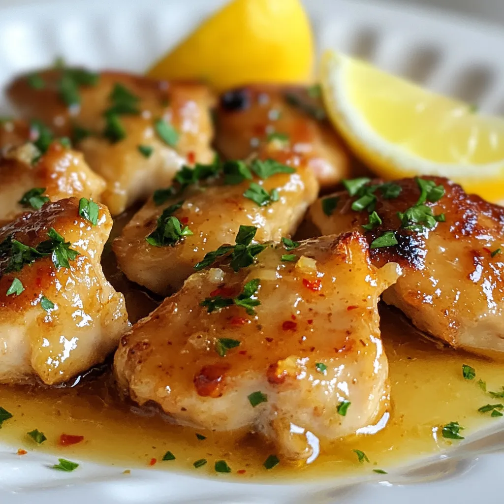 You need 1 pound of boneless, skinless chicken breasts. Cut them into bite-sized pieces. This size helps the chicken cook evenly and absorb all the great flavors. For spices, gather these: - 1 teaspoon smoked paprika - 1 teaspoon onion powder - 1 teaspoon dried thyme - Salt and black pepper to taste These spices add depth and warmth to the chicken bites. The smoked paprika gives a nice hint of smoke, while thyme adds a lovely herbal note. You will also need: - 4 tablespoons unsalted butter - 4 cloves garlic, minced - 1 tablespoon olive oil - 2 tablespoons fresh parsley, chopped for garnish - Lemon wedges for serving The butter and garlic create a rich sauce that coats the chicken. Fresh parsley adds color and brightness. Lastly, lemon wedges give a zesty kick when served. {{ingredient_image_1}} Start by cutting your chicken breasts into small pieces. I like to use about one pound for this dish. In a large bowl, season the chicken with smoked paprika, onion powder, thyme, salt, and black pepper. Make sure to toss everything well. You want each piece to be coated evenly with the spices. This step builds flavor right from the start. Next, heat some olive oil in a skillet over medium-high heat. Once the oil is hot, carefully add the seasoned chicken. Spread the chicken in a single layer. Avoid overcrowding the pan, as this can cause steaming instead of browning. Cook the chicken for about 5-7 minutes. Flip the pieces halfway through. You want them to turn a nice golden brown and cook thoroughly. After your chicken is cooked, lower the heat to medium low. Push the chicken to one side of the skillet. On the other side, add the butter and minced garlic. Let the butter melt and the garlic cook for about 1-2 minutes. Be careful not to burn the garlic; it can turn bitter. Once the garlic smells amazing, stir the chicken into the butter and garlic. Cook for another 1-2 minutes to let the flavors blend. This step makes the chicken bites taste rich and delicious. To make perfect garlic butter chicken bites, start with fresh chicken. Use boneless, skinless chicken breasts for the best texture. Cut the chicken into even pieces. This helps them cook evenly. Season the chicken well. Use smoked paprika, onion powder, and thyme for a rich flavor. Cook the chicken in a hot skillet. This ensures a nice golden brown color. Avoid crowding the pan. If you add too much chicken, it will steam instead of sear. Cook in batches if needed. One common mistake is burning the garlic. Garlic cooks quickly, so watch it closely. If it turns brown, it will taste bitter. Remove it from the heat as soon as it’s fragrant. Another mistake is not using enough butter. Butter adds richness and flavor. Use the full four tablespoons for the best taste. Also, don't forget to toss the chicken well in the garlic butter. This step helps every piece soak up the flavor. To enhance the flavor, add a splash of lemon juice. This brightens up the dish. Fresh parsley not only adds color but also freshness. You can also experiment with spices. Try adding a pinch of cayenne pepper for heat. Or use fresh herbs like basil or rosemary for a different twist. Each change adds a new layer of flavor to your chicken bites. Pro Tips Marinating the Chicken: For even more flavor, marinate the chicken pieces in the seasoning mix for at least 30 minutes before cooking. Using Fresh Garlic: Always use fresh garlic rather than pre-minced for the best flavor. Fresh garlic adds a stronger and more aromatic taste. Don’t Overcrowd the Pan: Ensure the chicken pieces are in a single layer in the skillet to achieve that perfect golden brown sear. Serving Suggestions: Pair these chicken bites with a side of steamed vegetables or a fresh salad for a complete meal. {{image_2}} You can switch up the protein in this recipe. Try using shrimp or scallops instead of chicken. They cook fast and soak up the garlic butter well. Just reduce the cooking time to about 3-4 minutes for shrimp and 2-3 minutes for scallops. This keeps them tender and juicy. If you want a vegetarian version, use mushrooms or tofu. For mushrooms, pick hearty types like portobello or shiitake. Cut them into bite-sized pieces. Sauté them in olive oil until golden. For tofu, press it to remove excess water, then cut it into cubes. Sauté it until crispy. Both options pair well with the garlic butter sauce. Want to add more flavor? Try using different herbs like basil or oregano. You could also mix in some red pepper flakes for heat. A splash of lemon juice or a sprinkle of zest brightens the dish. Experiment with your favorite spices to find the perfect blend. You can store leftover Garlic Butter Chicken Bites in an airtight container. Let the chicken cool down first. Then, place it in the fridge. It will stay fresh for up to three days. When you store it properly, the flavors stay intact. I love reheating it for a quick meal! To reheat your chicken bites, use a skillet. Heat a little olive oil over medium heat. Add the chicken and cook for about five minutes. Stir it often to heat evenly. You can also use a microwave. Place the chicken in a microwave-safe dish. Cover it with a damp paper towel. Heat for one to two minutes, checking every 30 seconds. This keeps it juicy and tasty. You can freeze Garlic Butter Chicken Bites for later. Place the cooled chicken in a freezer bag. Make sure to squeeze out any air before sealing. It can last for up to three months in the freezer. When ready to eat, thaw it overnight in the fridge. Then, reheat as mentioned above. Enjoy these bites even when time is tight! Yes, you can use chicken thighs. Chicken thighs have more fat, so they stay juicy. They add a rich taste to the dish. Just cut them into bite-sized pieces like the breasts. Cook them the same way for a great meal. You can serve these chicken bites with many things. Rice or mashed potatoes work well. A side of veggies, like green beans or broccoli, adds color. You can also try a fresh salad for crunch. For a fun twist, serve them in soft tortillas with toppings. To make it healthier, use less butter. You can swap some butter for chicken broth. Choose skinless chicken for fewer fats. Add more veggies to the dish. You can mix in bell peppers or zucchini while cooking. These changes keep the flavor while making the meal lighter. This blog post covered the main aspects of making delicious Garlic Butter Chicken Bites. We went through the key ingredients, step-by-step cooking instructions, and valuable tips. I shared ways to adjust this dish with different proteins and vegetarian options. Lastly, I discussed storing leftovers and answered common questions. Remember, practice improves your cooking skills. Don’t be afraid to try new flavors. Each attempt brings you closer to perfecting this recipe. Enjoy your cooking journey!