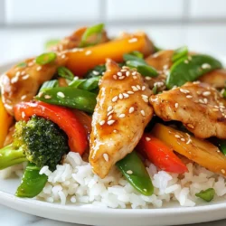 - Chicken Breast: You need 1 pound of chicken breast. Slice it thinly for quick cooking. Chicken adds protein and flavor to your dish. - Vegetables: Use 1 cup of broccoli florets, 1 sliced red bell pepper, and 1 cup of snap peas. These veggies bring color and crunch. They also add vitamins and minerals. - Sauces and Flavorings: You will use 3 tablespoons of low-sodium soy sauce and 1 tablespoon of rice vinegar. Add 2 tablespoons of sesame seeds, 3 cloves of minced garlic, and 1 tablespoon of grated fresh ginger for a punch of flavor. - Cooking Oil: Use 2 tablespoons of sesame oil. This oil gives a rich, nutty taste to your stir fry. - Rice or Noodles for Serving: Have cooked rice or noodles ready. They serve as a base for your stir fry. Enjoy your meal over a fluffy bed of rice or twirled noodles. {{ingredient_image_1}} Preparing Ingredients First, gather all your ingredients. You will need: - 1 lb chicken breast, thinly sliced - 2 tablespoons sesame oil - 1 cup broccoli florets - 1 red bell pepper, sliced - 1 cup snap peas - 3 cloves garlic, minced - 1 tablespoon fresh ginger, grated - 3 tablespoons soy sauce (low sodium) - 1 tablespoon rice vinegar - 2 tablespoons sesame seeds - 2 green onions, sliced - Cooked rice or noodles for serving Make sure to wash and chop the vegetables. This step helps add flavor and color. Marinating Chicken You can marinate the chicken for extra flavor. Mix soy sauce, rice vinegar, garlic, and ginger. Place the sliced chicken in a bowl and add the marinade. Let it sit for about 15 minutes. This process makes the chicken juicy and tasty. Heating the Skillet Heat a large skillet or wok over medium-high heat. Add the sesame oil, letting it get hot. This will help the chicken cook evenly and add a nice flavor. Stir-Frying Chicken Add the marinated chicken to the skillet. Cook for about 5-7 minutes. Stir often until the chicken is no longer pink. This keeps the chicken tender. Adding Vegetables and Sauce Once the chicken cooks, stir in the minced garlic and grated ginger. Cook for another 1-2 minutes. Then, add broccoli, red bell pepper, and snap peas. Stir-fry these veggies for about 3-4 minutes. You want them tender but still crisp. In a small bowl, mix together the soy sauce and rice vinegar. Pour this sauce over the chicken and veggies. Stir well to coat everything. Cook for another 2-3 minutes until the sauce thickens. Now, you can remove the skillet from heat. Sprinkle sesame seeds and sliced green onions on top. Your Sesame Ginger Chicken Stir Fry is ready to serve! Enjoy it over rice or noodles for a complete meal. How to Achieve Perfectly Cooked Chicken To get juicy, tender chicken, start with thin slices. Thin pieces cook faster and stay moist. Heat the sesame oil in your skillet until hot. Add the chicken and cook for about 5-7 minutes. Stir it often to avoid burning. Look for no pink spots to know it’s done. This keeps the chicken flavorful and tender. Stir-Fry Techniques for Crisp Vegetables For crisp vegetables, cook them quickly over high heat. After adding the garlic and ginger, toss in the broccoli, red bell pepper, and snap peas. Stir-fry these for about 3-4 minutes. You want them bright and slightly tender. This quick cooking keeps their color and crunch, making them tasty and healthy. Adjusting Soy Sauce and Vinegar Ratios The balance of soy sauce and rice vinegar is key. If you like it saltier, add more soy sauce. For a tangy kick, increase the vinegar. Start with the amounts in the recipe, then taste. Adjust as needed to match your flavor preference. This step is vital for a delicious stir fry. Adding Extra Spices or Herbs To make your stir fry special, try adding spices or herbs. Consider chili flakes for heat or fresh cilantro for brightness. You can also add a dash of sesame oil at the end for extra flavor. These little changes can elevate the dish and keep it exciting every time you make it. Pro Tips Slice Chicken Thinly: Cutting the chicken into thin strips allows for quicker and more even cooking, ensuring a tender texture. Veggie Crispness: To maintain the vibrant color and crispness of the vegetables, avoid overcooking them; they should be tender-crisp. Ginger Freshness: For the best flavor, use fresh ginger instead of powdered ginger, and grate it just before adding to the stir fry. Serving Suggestions: Serve your stir fry over jasmine rice or udon noodles for a delightful meal, and don’t forget to sprinkle extra sesame seeds on top! {{image_2}} Using Different Proteins (Tofu, Beef) You can swap chicken for tofu or beef. Tofu gives a nice texture and absorbs flavors well. Use firm tofu and press it to remove water. Cut it into cubes and stir-fry until golden. If you choose beef, use thinly sliced flank steak or sirloin. Cook it until it's browned and tender. Mixing Up the Vegetables Feel free to change the veggies in your stir fry. Use carrots, bell peppers, or bok choy. You can even add mushrooms for an earthy taste. Just make sure to cut them into even pieces. This way, they cook evenly and stay crunchy. Pairing with Different Rice or Noodles Serve the stir fry over rice or noodles. Jasmine or brown rice adds a nice touch. If you want something lighter, try rice noodles or soba noodles. They soak up the sauce well and add flavor. Creating a One-Pan Meal Make this a one-pan meal by adding cooked rice right into the stir fry. Toss everything together at the end. This saves time and makes cleanup easy. If you want extra flavor, add more soy sauce and sesame oil as you mix. After cooking, let your stir fry cool down. This step helps keep the food safe. Once cool, pack the stir fry into airtight containers. This method keeps the flavors fresh. Use glass or plastic containers that seal well. Label the containers with the date. This way, you know how long they last. To reheat, use a skillet over medium heat. This method warms the food evenly. You can also use a microwave. If using a microwave, cover the dish to trap steam. This helps keep the chicken moist. Stir the food halfway through reheating. You want even warmth. To retain texture and flavor, avoid reheating too long. Overheating makes the chicken tough. Aim for a warm center without boiling. Enjoy the fresh taste of your sesame ginger chicken stir fry every time! Can I use frozen vegetables for this stir fry? Yes, you can use frozen vegetables. They save time and are easy to find. Just add them directly to the pan. Cook them a bit longer to ensure they heat through. How do I make the sauce thicker? To thicken the sauce, mix a bit of cornstarch with cold water. Stir this into the sauce while it cooks. The sauce will become thicker as it heats. Is sesame oil necessary for the recipe? Sesame oil adds a rich flavor to the dish. If you don't have it, you can use another oil. Just know that the taste will change. Is this recipe gluten-free? The recipe can be made gluten-free by using gluten-free soy sauce. Always check the labels of your ingredients to be sure. Can it be made keto-friendly? Yes, this recipe can be keto-friendly. Use less soy sauce and serve it with cauliflower rice instead of regular rice or noodles. What are some low-sodium alternatives? You can use low-sodium soy sauce for a lighter option. Other choices include coconut aminos or homemade sauce with less salt. This blog post covered how to make a delicious stir fry. You learned about the key ingredients like chicken, vegetables, and flavorful sauces. I shared easy steps for preparing and cooking. There are helpful tips to ensure perfect chicken and crisp veggies. You can also adapt the recipe by swapping proteins and experimenting with sides. Storing leftovers is simple, too. With these insights, you can create tasty meals on any day. Enjoy being creative in your kitchen!