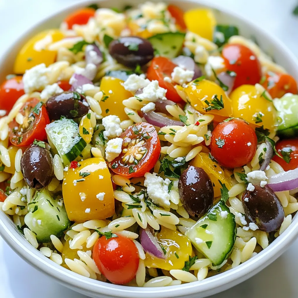 - Orzo pasta and primary vegetables - 1 cup orzo pasta - 1 cup cherry tomatoes, halved - 1 cucumber, diced - 1 bell pepper (red or yellow), diced - 1/2 red onion, finely chopped - Herbs, spices, and condiments - 1/2 cup Kalamata olives, pitted and sliced - 1/4 cup extra virgin olive oil - 2 tablespoons lemon juice - 1 teaspoon dried oregano - Salt and pepper to taste - Garnishes and optional toppings - 1/2 cup feta cheese, crumbled - Fresh parsley, chopped (for garnish) In this Zesty Greek Orzo Salad, orzo pasta serves as the base. It is small and perfect for salads. The cherry tomatoes add sweetness, while the cucumber and bell pepper give crunch. The red onion offers a sharp bite. Kalamata olives bring a briny flavor that pairs well with feta cheese. The dressing is simple. Olive oil and lemon juice provide a zesty kick. Dried oregano adds a hint of earthiness. You can adjust salt and pepper to your taste. For a pop of color, I use fresh parsley as a garnish. This salad is not just tasty; it is also colorful. Each ingredient shines, making it a feast for the eyes as well as the palate. {{ingredient_image_1}} First, bring 2 cups of water to a boil in a medium pot. Add 1 cup of orzo pasta to the boiling water. Cook it until it is al dente, following the package instructions. This usually takes about 8 to 10 minutes. Once done, drain the orzo in a colander. Rinse it with cold water to stop the cooking process. This step cools the pasta and helps it stay firm. Set the cooled orzo aside while you prepare the veggies. Next, gather your fresh vegetables. You will need 1 cup of halved cherry tomatoes, 1 diced cucumber, 1 diced bell pepper, and 1/2 finely chopped red onion. Use a sharp knife for clean cuts. Uniform pieces help the salad look nice and make each bite balanced. Don't forget to add 1/2 cup of sliced Kalamata olives for that authentic Greek flavor. Freshness is key, so choose firm, ripe vegetables. In a large mixing bowl, combine all the chopped vegetables. Add the cooled orzo pasta to this colorful mix. Gently fold the pasta and veggies together with a spatula. In a small bowl, whisk together 1/4 cup of extra virgin olive oil, 2 tablespoons of lemon juice, and 1 teaspoon of dried oregano. Pour this dressing over the salad and toss everything together. Make sure the orzo and veggies are well-coated. Finally, add 1/2 cup of crumbled feta cheese and toss gently to mix it in without breaking it. Now comes the fun part—tasting! Add salt and pepper to your liking. This helps bring out all the flavors. If you want more zest, add a little more lemon juice. Chill the salad in the fridge for at least 30 minutes. This waiting time lets the flavors meld. Before serving, garnish with chopped fresh parsley for a bright touch. Enjoy your Zesty Greek Orzo Salad; it's fresh and full of flavor! To get the best zesty flavor, you should focus on adjusting acidity and seasoning. A good balance makes the salad bright and fresh. I suggest adding more lemon juice for a tangy kick. Taste as you go, and adjust salt and pepper too. Fresh ingredients play a big part in enhancing flavor. Always use ripe cherry tomatoes and crisp cucumbers. These fresh veggies add crunch and color, making your dish pop. How you serve your salad matters. Place it in a large bowl for a family-style meal. For individual servings, use clear glass bowls. This way, the colorful layers shine through. Garnishing is key to a great look. Sprinkle chopped parsley on top just before serving. It adds a fresh touch and makes the salad more inviting. Making the salad ahead can really boost its flavor. When you chill it overnight, the tastes blend together beautifully. To prep, cook the orzo and chop the veggies, then store them separately. Combine them and add the dressing just before serving. This keeps everything fresh and crisp. Always taste before serving to see if it needs more seasoning. Pro Tips Cook Orzo Al Dente: Ensure the orzo is cooked al dente for the best texture and to prevent it from becoming mushy when mixed with the other ingredients. Use Fresh Ingredients: Fresh vegetables and herbs enhance the flavor of the salad. Choose ripe tomatoes, crunchy cucumbers, and fragrant parsley for the best results. Chill for Flavor: Allow the salad to chill in the refrigerator for at least 30 minutes. This resting time helps the flavors meld together beautifully. Customize Your Veggies: Feel free to add or substitute other vegetables like bell peppers or radishes to suit your taste or to use what you have on hand. {{image_2}} You can make this salad even tastier by adding more veggies and proteins. Consider tossing in: - Artichoke hearts - Roasted red peppers - Spinach or arugula - Chickpeas or diced chicken Feel free to swap any ingredient to match your taste. If you prefer a crunch, add some radishes or snap peas. You can also try different cheeses, like goat cheese or mozzarella. If you follow a vegan diet, you can leave out the feta cheese. Instead, use avocado for creaminess. You can also add some nuts like walnuts for healthy fats. For gluten-free options, simply replace the orzo with gluten-free pasta. Quinoa is a great substitute too. It adds a nice texture and is packed with protein. You can play with the dressing to mix things up. Try these vinaigrette recipes: - Balsamic vinaigrette: Use balsamic vinegar instead of lemon juice. - Herb vinaigrette: Blend fresh herbs like basil and mint with olive oil. If you’re in a hurry, store-bought dressings work too. Just check the label to avoid unwanted ingredients. Remember, homemade dressings taste fresher and can be tailored to your liking. To keep your Zesty Greek Orzo Salad fresh, store it in the fridge. Place it in an airtight container for best results. You can keep it for up to three days. Make sure the lid seals tightly to avoid any air. This way, your salad stays crisp and tasty. You can freeze this salad, but some veggies may lose their crunch. To freeze, place the salad in a freezer-safe container. Be sure to leave some space at the top for expansion. When you want to enjoy it, thaw it in the fridge overnight. To keep the flavors bright, eat it within a month. Avoid refreezing once it has thawed. Usually, you won’t need to reheat this salad. But if you want it warm, do so gently. Place it in a pan over low heat. Stir often to prevent sticking. If the salad feels dry, add a splash of olive oil. For a fresh taste, consider adding a little lemon juice and mixing well. Yes, you can use other pasta types! If you don’t have orzo, try using small shells or ditalini. These shapes hold sauce well. You can even use quinoa or farro for a gluten-free option. Just adjust cooking times as needed. This salad stays fresh in the refrigerator for about three to five days. Keep it in an airtight container to maintain its taste. If you freeze it, it lasts about one month. However, freezing may change the texture of some veggies. Absolutely! This salad is great for meal prep. You can make it on a Sunday and have it ready for the week. Just store it in individual containers. This way, it’s easy to grab for lunch or dinner. For best flavor, add the feta just before serving. This blog post covered how to make a tasty orzo salad. You learned about the key ingredients, like orzo and fresh vegetables. I shared easy steps for cooking and mixing it all together. We discussed ways to enhance flavor and presentation. Variations allow for unique twists, while storage tips ensure freshness. In conclusion, this salad is simple, adaptable, and perfect for anyone. Enjoy experimenting with it!