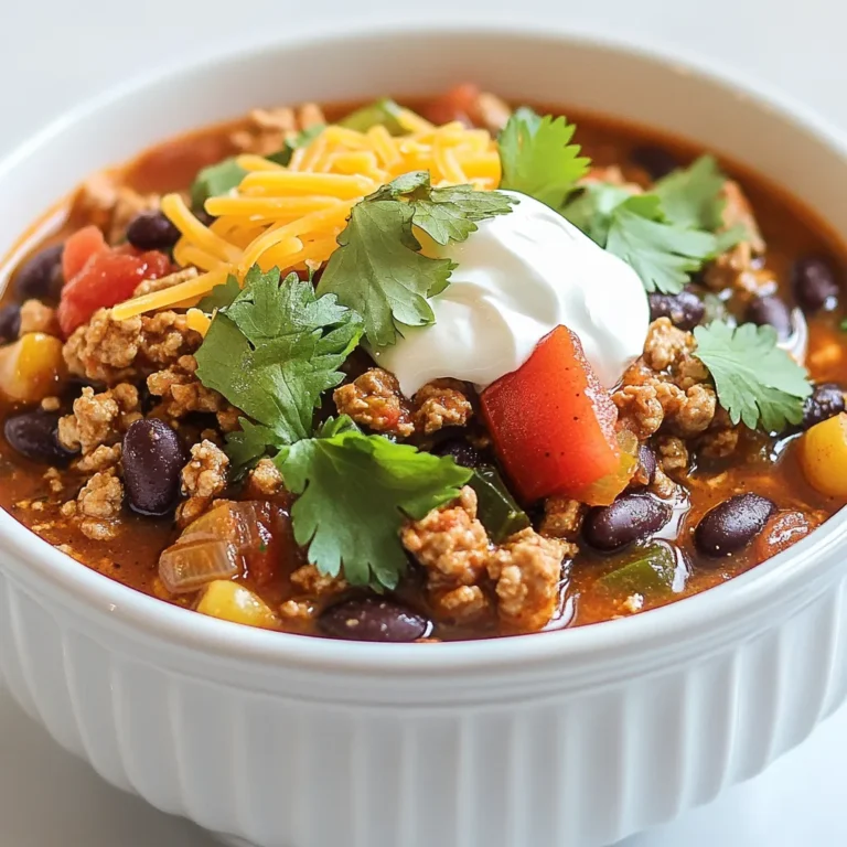 - 1 pound ground turkey - 1 medium onion, diced - 2 cloves garlic, minced - 1 red bell pepper, diced - 1 can (14.5 oz) diced tomatoes (with juice) - 2 cups chicken broth - 1 can (15 oz) black beans, drained and rinsed - 1 can (15 oz) kidney beans, drained and rinsed - 2 tablespoons chipotle peppers in adobo sauce, minced - 1 tablespoon ground cumin - 1 tablespoon chili powder - 1 teaspoon smoked paprika - 1 teaspoon salt - 1/2 teaspoon black pepper - 2 tablespoons olive oil - Fresh cilantro, for garnish - Sour cream, for serving (optional) - Grated cheese, for serving (optional) I often choose brands that focus on quality. For ground turkey, I like Butterball or Perdue. They provide lean meat with great flavor. For canned goods, I recommend Muir Glen for tomatoes and Goya for beans. Their products offer taste and consistency. Look for organic options when possible. They often have better flavor and fewer additives. You can swap ground turkey for lean beef or chicken. If you want a vegetarian option, use lentils or crumbled tofu. For canned beans, any variety works well. I like pinto or navy beans as alternatives. If you can't find chipotle peppers, use smoked paprika for a mild flavor. You can also use vegetable broth instead of chicken broth for a lighter taste. {{ingredient_image_1}} 1. Gather all your ingredients. This makes cooking easier. 2. Dice the onion and red bell pepper. Mince the garlic too. 3. Drain and rinse the black and kidney beans. Set them aside. 4. Measure out the chipotle peppers, cumin, chili powder, smoked paprika, salt, and pepper. 1. Heat the olive oil in a large pot over medium heat. 2. Add the diced onion and bell pepper. Sauté them for 5-7 minutes. 3. Stir in the minced garlic. Cook for one more minute. 4. Turn the heat up to medium-high. Add the ground turkey. 5. Break the turkey apart with a spoon. Cook until it turns brown, about 5-6 minutes. 6. Add in the diced tomatoes, chicken broth, black beans, kidney beans, and chipotle peppers. 7. Sprinkle in the cumin, chili powder, smoked paprika, salt, and black pepper. 8. Stir everything well. Bring this to a gentle boil. 9. Reduce the heat to low and let it simmer uncovered for 30-40 minutes. Stir it occasionally. 10. Taste and adjust the seasoning. Add more chipotle or spices if you like. 1. Serve the chili hot in bowls. 2. Garnish with fresh cilantro on top. 3. Add a dollop of sour cream and some grated cheese if you want. 4. Enjoy your Smoky Chipotle Turkey Chili! To boost the flavor of your Smoky Chipotle Turkey Chili, consider these tips: - Use fresh herbs. Add fresh cilantro at the end for brightness. - Add extra chipotle. If you love heat, mix in more minced chipotle peppers. - Include a splash of lime juice. This adds a nice zing to the dish. - Let it sit. Allow the chili to rest for a bit before serving. This helps the flavors deepen. You can easily make this chili in different ways. - Slow Cooker: Brown the turkey and veggies first. Then, add everything to the slow cooker. Cook on low for 6-8 hours or high for 3-4 hours. - Instant Pot: Sauté the turkey, onions, and peppers in the pot. Add remaining ingredients, seal the lid, and cook on high for 20 minutes. Quick release and serve! When serving your chili, try these ideas: - Top with sour cream. This adds creaminess and coolness. - Sprinkle with cheese. Grated cheese melts nicely on hot chili. - Pair with bread. Serve with crusty bread or cornbread for a hearty meal. - Add chips for crunch. Crushed tortilla chips on top give a nice texture. These simple tips will help you create a flavorful and enjoyable Smoky Chipotle Turkey Chili! Pro Tips Choose the Right Turkey: Opt for lean ground turkey for a healthier chili, but ensure it has enough fat to keep the dish moist and flavorful. Customize Heat Levels: Adjust the amount of chipotle peppers based on your heat preference; start with less and add more as needed to find your perfect spice level. Flavor Enhancement: Letting the chili simmer longer allows the flavors to meld beautifully. If time permits, simmer for an hour for a richer taste. Bean Variations: Feel free to mix different types of beans like pinto or navy beans for variety in texture and flavor. {{image_2}} You can make a delicious vegetarian version of Smoky Chipotle Turkey Chili. Instead of turkey, use lentils or mushrooms. Lentils add protein and a great texture. Mushrooms bring a nice umami flavor. Replace chicken broth with vegetable broth for a vegan option. Use canned beans, like black and kidney beans, for added heartiness. This version is just as tasty and filling. To adjust the heat, add more or less chipotle peppers. For a milder chili, use just one tablespoon of minced chipotle. You can also add bell peppers for sweetness. If you want more heat, toss in jalapeños or cayenne pepper. Taste as you go to find your perfect spice level. You can add fresh corn or zucchini to your chili for extra flavor. Sweet corn brings a nice crunch and pairs well with smoky spices. Add diced zucchini for a tender bite. You can toss these in during the last ten minutes of cooking. This way, they stay bright and fresh. Feel free to get creative and mix in your favorite veggies! Storing your Smoky Chipotle Turkey Chili is easy. First, let it cool down. Then, place it in an airtight container. You can keep it in the fridge for up to four days. Make sure to label the container with the date. This way, you can enjoy it later without any worries. When you are ready to eat your chili, grab a pot. Pour in the chili and heat it over medium heat. Stir often to make sure it warms evenly. If it's too thick, add a splash of water or broth. Heat it until it reaches a nice, warm temperature. For a quick option, you can use the microwave. Just cover the bowl and heat it for 1-2 minutes. Stir halfway through to warm it evenly. Freezing your chili is a great way to save it for later. Use a freezer-safe container or a heavy-duty freezer bag. Leave some space at the top, as the chili will expand when it freezes. You can freeze it for up to three months. When you are ready to enjoy it again, move it to the fridge to thaw overnight. Reheat it on the stove or in the microwave for a quick meal. To make your chili less spicy, reduce the chipotle peppers. Use only one tablespoon instead of two. You can also add more diced tomatoes or beans to balance the heat. Sour cream on top can cool it down, too. Yes, you can swap ground turkey for lean ground beef. The flavor will change slightly, but it will still be tasty. Just make sure to drain any excess fat after cooking the beef. This keeps your chili from being too greasy. Chili lasts about three to four days in the fridge. Store it in an airtight container. If you want it to last longer, you can freeze it. Frozen chili stays good for up to three months. Just thaw it in the fridge before reheating. This blog post covered the key ingredients and steps for making Smoky Chipotle Turkey Chili. We explored ingredient choices, preparation, cooking methods, and storage tips. Understanding variations and substitutes helps you personalize the dish. With these insights, you can create a flavorful meal your friends and family will love. Remember, cooking is about having fun and experimenting. Enjoy making your chili, and don't be afraid to try new things!