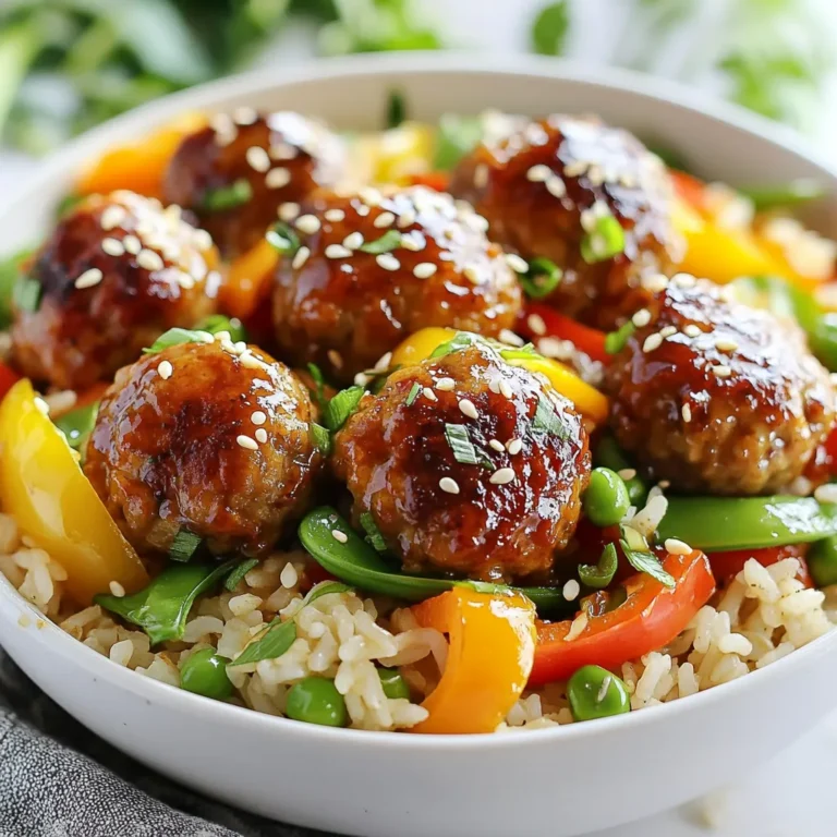 - 1 lb ground chicken (or turkey) - 1/4 cup breadcrumbs - 1/4 cup green onions, finely chopped - 1 tablespoon ginger, grated - 2 cloves garlic, minced - 1/4 cup soy sauce (low-sodium preferred) - 3 tablespoons honey - 1 tablespoon sesame oil - 1 1/2 cups cooked rice (white or brown) - 1 cup bell peppers, sliced (assorted colors) - 1/2 cup snap peas, trimmed - 1 tablespoon sesame seeds - Salt and pepper to taste These main ingredients create a great base for the teriyaki meatball rice skillet. The ground chicken gives a light texture. Breadcrumbs help keep the meatballs firm. Green onions and garlic add fresh taste and aroma. Ginger gives a zing that makes it special. Soy sauce and honey make the perfect teriyaki sauce. Sesame oil brings a warm flavor, while bell peppers and snap peas add color and crunch. Rice serves as the hearty base, and sesame seeds finish the dish with nice texture. - Additional vegetables (e.g., broccoli, carrots) - Fresh cilantro for garnish - Extra sesame seeds Adding optional ingredients lets you customize the dish. You can mix in other vegetables like broccoli or carrots for more nutrients. Fresh cilantro adds a pop of color and flavor. Extra sesame seeds can enhance the dish with a little crunch. Feel free to adjust based on your family's favorite tastes! {{ingredient_image_1}} - In a large bowl, mix 1 lb of ground chicken with 1/4 cup breadcrumbs. - Add 2 tablespoons of chopped green onions, 1 tablespoon of grated ginger, and 2 minced garlic cloves. - Sprinkle in a pinch of salt and pepper. Combine these ingredients well. - Form this mixture into small meatballs, about 1 inch wide. Aim for about 20 meatballs. - Heat 1 tablespoon of sesame oil in a large skillet over medium heat. - Once hot, add the meatballs. Cook them for 8-10 minutes. Turn them often until they are brown and cooked through. - While the meatballs cook, make the teriyaki sauce. In a small bowl, whisk together 1/4 cup soy sauce and 3 tablespoons honey until smooth. - After the meatballs are ready, pour the teriyaki sauce over them in the skillet. Let it simmer for 2-3 minutes to coat the meatballs. - Next, add 1 1/2 cups of cooked rice, 1 cup of sliced bell peppers, and 1/2 cup of snap peas to the skillet. Toss everything gently until the veggies are warm and tender. - Remove the skillet from heat. Top the dish with 1 tablespoon of sesame seeds and the remaining green onions. - For serving, use a large bowl. You can add fresh cilantro or extra sesame seeds for a nice look. Enjoy it warm! Using homemade teriyaki sauce gives you full control over the taste. Store-bought sauces can be sweet and thick. You can always adjust their flavor by adding fresh ginger, garlic, or even a splash of lime juice. Adding spices can elevate your dish. Try a hint of crushed red pepper for heat. You can also mix in sesame seeds for extra crunch and flavor. Fresh herbs like cilantro or basil can brighten the dish. To make perfect meatballs, keep your hands wet while shaping them. This helps avoid a sticky mess. Cook meatballs in batches to ensure even browning. Check their doneness with a meat thermometer. They should reach 165°F. For veggies, cut them into even pieces to promote even cooking. Add harder vegetables first, such as bell peppers, and softer ones like snap peas later. This keeps them crisp and colorful. Serve your teriyaki meatball rice skillet in a large bowl. This makes it easy for everyone to enjoy. Garnish with fresh cilantro or extra green onions for a pop of color. For added texture, place sesame seeds in a small bowl on the side. This invites guests to sprinkle them on top as they wish. A beautiful meal makes it even more fun to eat! Pro Tips Use Fresh Ingredients: For the best flavor, opt for fresh ginger and garlic. They add a vibrant taste that enhances the overall dish. Adjust the Sweetness: Feel free to adjust the amount of honey based on your personal preference for sweetness in the teriyaki sauce. Cook Rice Ahead of Time: Preparing your rice in advance can save time and make the cooking process smoother when combining everything in the skillet. Experiment with Vegetables: Don't hesitate to add other vegetables like broccoli or carrots for added nutrition and color in your dish. {{image_2}} You can switch out ground chicken for other meats. Ground turkey or beef works well. Each option gives a different taste and texture. For a healthier choice, turkey is lean and flavorful. Beef adds richness and depth. If you're looking for a meatless option, try plant-based meat. These alternatives make the dish tasty and healthy. Rice is a key part of this meal. You can use either white or brown rice. Brown rice has more fiber and a nutty taste. If you want something different, consider quinoa. Quinoa is high in protein and cooks quickly. Cauliflower rice is another great choice. It is low in carbs and adds a fresh flavor. Adding vegetables makes this dish colorful and healthy. You can swap seasonal vegetables based on your taste. Try broccoli, carrots, or zucchini for variety. Leafy greens like spinach or kale can boost nutrients. Just add them near the end of cooking to keep them bright and tender. To keep your teriyaki meatball rice skillet fresh, store any leftovers in the fridge. Use an airtight container to prevent moisture loss. Ideally, try to eat it within three days for the best taste. Reheat your skillet meal in a skillet over medium heat. This helps keep the meatballs juicy and the veggies crisp. Stir often to avoid sticking. You can also use a microwave. Just cover it to keep the moisture in. To freeze the dish, let it cool completely. Then, place it in a freezer-safe container. Use it within three months for best flavor. When you're ready to eat, thaw it in the fridge overnight. Reheat as mentioned above to enjoy a tasty meal again. You can swap ground chicken with several options. Ground turkey works well and has a similar taste. Ground beef provides a richer flavor. For a plant-based choice, try using lentils or chickpeas. You can also use crumbled tofu if you want a vegetarian option. Each choice gives a unique twist to the meatball texture and taste. To make gluten-free meatballs, use gluten-free breadcrumbs. You can easily find these at most stores. For soy sauce, choose a gluten-free brand, like tamari. This way, you keep the great flavor without the gluten. Always check labels to be sure. Yes, you can double or halve the recipe easily. If you double it, just use a larger skillet or cook in batches. Halving the recipe is also simple. Adjust cooking times as needed, especially for meatballs. Keep an eye on them to make sure they cook through. This dish pairs well with many sides. A simple green salad adds freshness. Steamed broccoli or carrots bring color and nutrients. You might also serve it with a light cucumber salad for crunch. Pick any of these to enhance your meal experience. This blog post covered how to make delicious teriyaki meatballs with rice. We explored main and optional ingredients, step-by-step cooking instructions, and tips for enhancing flavor. You can customize these meatballs with various proteins and vegetables. We also discussed how to store leftovers and answered common questions. Now, get cooking! Treat yourself to a yummy meal that’s simple and flexible. Enjoy sharing this dish with family or friends. Your mealtime just got tastier!