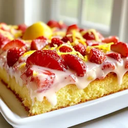 To make a Strawberry Lemonade Sheet Cake, you need fresh and simple ingredients. Each item brings flavor and texture to the cake. Here’s what you will need: - 1 ½ cups all-purpose flour - 1 cup granulated sugar - ½ teaspoon baking powder - ½ teaspoon baking soda - ½ teaspoon salt - ½ cup unsalted butter, softened - 2 large eggs - 1 teaspoon vanilla extract - ½ cup buttermilk - ½ cup fresh lemon juice (about 2-3 lemons) - Zest of 1 lemon - 1 cup fresh strawberries, hulled and diced These ingredients work together to create a bright and delicious cake. The flour gives structure, while the sugar adds sweetness. Baking powder and baking soda help the cake rise. Salt enhances the flavors. Butter makes the cake moist, and eggs add richness. Vanilla extract brings warmth, while buttermilk makes the cake tender. Fresh lemon juice and zest add a bright, tangy taste. Finally, strawberries offer sweetness and color. With these ingredients, you can create a cake that is not only tasty but also beautiful. Enjoy baking this delightful treat! {{ingredient_image_1}} 1. Preheat your oven to 350°F (175°C). This step warms the oven for even baking. 2. Grease a 9x13 inch baking pan. Line the bottom with parchment paper to help with removal later. 3. In a medium bowl, whisk together the flour, baking powder, baking soda, and salt. Set this bowl aside for now. 1. In a large bowl, beat the softened butter and granulated sugar together. Mix until it’s light and fluffy. This should take about 3-4 minutes. 2. Add the eggs one by one. Make sure to mix well after each egg. Then stir in the vanilla extract, fresh lemon juice, and lemon zest. These flavors will make your cake bright. 1. Gradually add the dry mixture to the butter mix. Alternate adding the buttermilk too. Start and end with the flour mixture. Mix until just combined; don’t overdo it. 2. Gently fold in the diced strawberries. Be careful not to break them down too much. 3. Pour the batter into the prepared pan. Smooth the top with a spatula. Bake for 25-30 minutes. To test for doneness, insert a toothpick in the center. If it comes out clean, the cake is ready. To ensure your cake has the right texture, follow these steps: - Measure Ingredients Accurately: Use a scale for the flour and other ingredients. This gives you the best results. - Mixing Time: When you cream the butter and sugar, mix until light and fluffy. This helps your cake rise well. - Check Oven Temperature: Always use an oven thermometer. Even slight changes can affect baking times. To prevent overmixing strawberries: - Fold Gently: When adding strawberries, use a spatula. This keeps the fruit intact and adds texture. - Add Last: Mix in the strawberries after combining the wet and dry ingredients. This limits their breaking down. For serving ideas and garnishing options: - Cut into Squares: After cooling, cut the cake into neat squares. This makes for easy serving. - Garnish: Add a strawberry and a twist of lemon zest on each slice. This adds color and flair. For the best cake serving temperature: - Serve Cool: Let the cake cool completely. This helps flavors blend and makes it easier to slice. - Pair It Right: Serve with a glass of lemonade for a refreshing treat. Pro Tips Use Room Temperature Ingredients: Make sure your butter, eggs, and buttermilk are at room temperature. This helps create a smoother batter and ensures better incorporation of ingredients. Don't Overmix the Batter: When combining the wet and dry ingredients, mix until just combined. Overmixing can lead to a dense cake texture. Fresh Strawberries for Flavor: Use fresh, ripe strawberries for the best flavor and moisture. Frozen strawberries may make the batter too watery. Cool Completely Before Glazing: Allow the cake to cool completely before adding the glaze. This prevents the glaze from melting and ensures a nice finish. {{image_2}} You can easily change the taste of your strawberry lemonade sheet cake. One fun way is to add other fruits. Raspberries or blueberries work well. They bring extra color and flavor. Just fold them in like you do with strawberries. If you want a more tart cake, add more lemon juice. This makes the cake bright and zesty. You can also add lemon zest for a stronger lemon flavor. Both options will give you a fun twist. If you need to make the cake gluten-free, use gluten-free flour. It works just like regular flour. You won't lose any taste or texture. For vegan options, swap eggs with flax eggs. Mix one tablespoon of flaxseed meal with three tablespoons of water. Let it sit for a few minutes until it thickens. Use plant-based butter instead of regular butter. These changes keep the cake delicious while fitting your diet. To keep your cake fresh, cool it completely first. Once it is cool, use the following steps to store it: - Wrap: Cover the cake with plastic wrap or aluminum foil. This prevents it from drying out. - Container: Place the wrapped cake in an airtight container. This will keep air out and maintain moisture. - Location: Store it at room temperature for up to three days. If you need it to last longer, refrigeration is best. Refrigeration can change the cake's texture. It may become a bit denser. If you choose to refrigerate, eat it within a week. Freezing your cake is a great option for later enjoyment. Here’s how to do it right: - Preparation: After cooling, cut the cake into squares or keep it whole. - Wrap: Wrap each piece tightly in plastic wrap. Then wrap it again in foil. - Label: Write the date on the foil. This helps you remember when you froze it. For the best taste, eat the cake within three months. - Refrigerate: Move the cake to the fridge for a few hours or overnight to thaw slowly. - Room Temperature: If you're in a hurry, let it sit at room temperature for about 30 minutes before serving. This method helps keep your cake moist and tasty. Enjoy your strawberry lemonade sheet cake whenever you like! Yes, you can use frozen strawberries. Just thaw them first. Pat them dry to remove excess moisture. This helps keep the cake from getting soggy. Fresh strawberries have a better taste, but frozen works if fresh is not available. The cake stays fresh for about 3 to 4 days. Store it in an airtight container at room temperature. You can also refrigerate it to prolong its life. If you want it to last longer, you can freeze it. You can make a quick buttermilk substitute. Mix ½ cup of milk with 1 tablespoon of vinegar or lemon juice. Let it sit for about 5 minutes. This will give you a similar taste and texture for your cake. Yes, you can make this cake ahead of time. Bake it and let it cool completely. Wrap it well in plastic wrap and store it. You can also freeze it for up to 3 months. Thaw it overnight in the fridge before serving. This blog post walked you through a simple and tasty strawberry cake recipe. We covered ingredients, preparation steps, and baking tips. You learned how to mix flavors and prevent overmixing with strawberries. We also explored flavor variations and storage tips for leftovers. Baking can be fun and rewarding. Try these steps and enjoy delicious results.