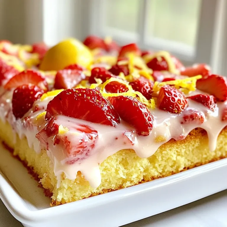 To make a Strawberry Lemonade Sheet Cake, you need fresh and simple ingredients. Each item brings flavor and texture to the cake. Here’s what you will need: - 1 ½ cups all-purpose flour - 1 cup granulated sugar - ½ teaspoon baking powder - ½ teaspoon baking soda - ½ teaspoon salt - ½ cup unsalted butter, softened - 2 large eggs - 1 teaspoon vanilla extract - ½ cup buttermilk - ½ cup fresh lemon juice (about 2-3 lemons) - Zest of 1 lemon - 1 cup fresh strawberries, hulled and diced These ingredients work together to create a bright and delicious cake. The flour gives structure, while the sugar adds sweetness. Baking powder and baking soda help the cake rise. Salt enhances the flavors. Butter makes the cake moist, and eggs add richness. Vanilla extract brings warmth, while buttermilk makes the cake tender. Fresh lemon juice and zest add a bright, tangy taste. Finally, strawberries offer sweetness and color. With these ingredients, you can create a cake that is not only tasty but also beautiful. Enjoy baking this delightful treat! {{ingredient_image_1}} 1. Preheat your oven to 350°F (175°C). This step warms the oven for even baking. 2. Grease a 9x13 inch baking pan. Line the bottom with parchment paper to help with removal later. 3. In a medium bowl, whisk together the flour, baking powder, baking soda, and salt. Set this bowl aside for now. 1. In a large bowl, beat the softened butter and granulated sugar together. Mix until it’s light and fluffy. This should take about 3-4 minutes. 2. Add the eggs one by one. Make sure to mix well after each egg. Then stir in the vanilla extract, fresh lemon juice, and lemon zest. These flavors will make your cake bright. 1. Gradually add the dry mixture to the butter mix. Alternate adding the buttermilk too. Start and end with the flour mixture. Mix until just combined; don’t overdo it. 2. Gently fold in the diced strawberries. Be careful not to break them down too much. 3. Pour the batter into the prepared pan. Smooth the top with a spatula. Bake for 25-30 minutes. To test for doneness, insert a toothpick in the center. If it comes out clean, the cake is ready. To ensure your cake has the right texture, follow these steps: - Measure Ingredients Accurately: Use a scale for the flour and other ingredients. This gives you the best results. - Mixing Time: When you cream the butter and sugar, mix until light and fluffy. This helps your cake rise well. - Check Oven Temperature: Always use an oven thermometer. Even slight changes can affect baking times. To prevent overmixing strawberries: - Fold Gently: When adding strawberries, use a spatula. This keeps the fruit intact and adds texture. - Add Last: Mix in the strawberries after combining the wet and dry ingredients. This limits their breaking down. For serving ideas and garnishing options: - Cut into Squares: After cooling, cut the cake into neat squares. This makes for easy serving. - Garnish: Add a strawberry and a twist of lemon zest on each slice. This adds color and flair. For the best cake serving temperature: - Serve Cool: Let the cake cool completely. This helps flavors blend and makes it easier to slice. - Pair It Right: Serve with a glass of lemonade for a refreshing treat. Pro Tips Use Room Temperature Ingredients: Make sure your butter, eggs, and buttermilk are at room temperature. This helps create a smoother batter and ensures better incorporation of ingredients. Don't Overmix the Batter: When combining the wet and dry ingredients, mix until just combined. Overmixing can lead to a dense cake texture. Fresh Strawberries for Flavor: Use fresh, ripe strawberries for the best flavor and moisture. Frozen strawberries may make the batter too watery. Cool Completely Before Glazing: Allow the cake to cool completely before adding the glaze. This prevents the glaze from melting and ensures a nice finish. {{image_2}} You can easily change the taste of your strawberry lemonade sheet cake. One fun way is to add other fruits. Raspberries or blueberries work well. They bring extra color and flavor. Just fold them in like you do with strawberries. If you want a more tart cake, add more lemon juice. This makes the cake bright and zesty. You can also add lemon zest for a stronger lemon flavor. Both options will give you a fun twist. If you need to make the cake gluten-free, use gluten-free flour. It works just like regular flour. You won't lose any taste or texture. For vegan options, swap eggs with flax eggs. Mix one tablespoon of flaxseed meal with three tablespoons of water. Let it sit for a few minutes until it thickens. Use plant-based butter instead of regular butter. These changes keep the cake delicious while fitting your diet. To keep your cake fresh, cool it completely first. Once it is cool, use the following steps to store it: - Wrap: Cover the cake with plastic wrap or aluminum foil. This prevents it from drying out. - Container: Place the wrapped cake in an airtight container. This will keep air out and maintain moisture. - Location: Store it at room temperature for up to three days. If you need it to last longer, refrigeration is best. Refrigeration can change the cake's texture. It may become a bit denser. If you choose to refrigerate, eat it within a week. Freezing your cake is a great option for later enjoyment. Here’s how to do it right: - Preparation: After cooling, cut the cake into squares or keep it whole. - Wrap: Wrap each piece tightly in plastic wrap. Then wrap it again in foil. - Label: Write the date on the foil. This helps you remember when you froze it. For the best taste, eat the cake within three months. - Refrigerate: Move the cake to the fridge for a few hours or overnight to thaw slowly. - Room Temperature: If you're in a hurry, let it sit at room temperature for about 30 minutes before serving. This method helps keep your cake moist and tasty. Enjoy your strawberry lemonade sheet cake whenever you like! Yes, you can use frozen strawberries. Just thaw them first. Pat them dry to remove excess moisture. This helps keep the cake from getting soggy. Fresh strawberries have a better taste, but frozen works if fresh is not available. The cake stays fresh for about 3 to 4 days. Store it in an airtight container at room temperature. You can also refrigerate it to prolong its life. If you want it to last longer, you can freeze it. You can make a quick buttermilk substitute. Mix ½ cup of milk with 1 tablespoon of vinegar or lemon juice. Let it sit for about 5 minutes. This will give you a similar taste and texture for your cake. Yes, you can make this cake ahead of time. Bake it and let it cool completely. Wrap it well in plastic wrap and store it. You can also freeze it for up to 3 months. Thaw it overnight in the fridge before serving. This blog post walked you through a simple and tasty strawberry cake recipe. We covered ingredients, preparation steps, and baking tips. You learned how to mix flavors and prevent overmixing with strawberries. We also explored flavor variations and storage tips for leftovers. Baking can be fun and rewarding. Try these steps and enjoy delicious results.
