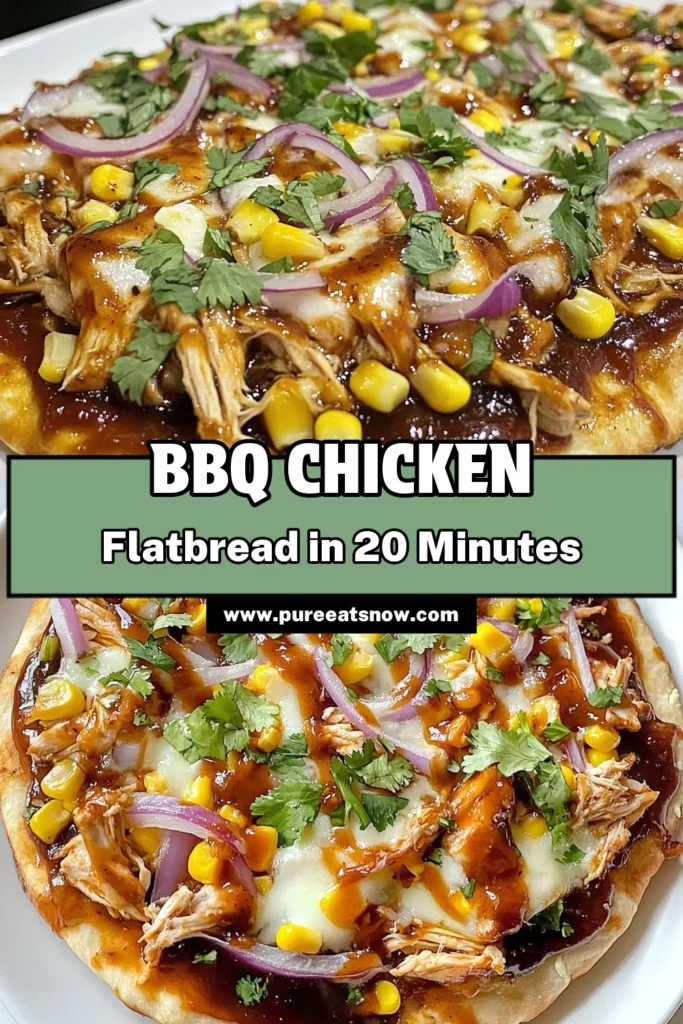 Savor the deliciousness of this BBQ chicken flatbread recipe, perfect for a quick BBQ chicken meal! This easy flatbread pizza features shredded chicken tossed in your favorite BBQ sauce, topped with melted mozzarella, red onions, and corn. In just 20 minutes, you can create cheesy BBQ flatbread that’s sure to impress. Try it now and enjoy a tasty, simple dinner! Save this recipe for later. #BBQChicken #FlatbreadPizza #QuickMeals #CheesyGoodness