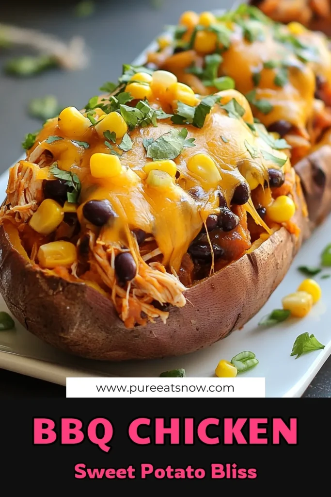 Discover a delicious and healthy BBQ chicken meal with these BBQ Chicken Stuffed Sweet Potatoes! This easy stuffed sweet potatoes recipe combines tender sweet potatoes with flavorful BBQ chicken, corn, and black beans for a loaded sweet potato idea the whole family will love. Perfect for weeknight dinners or meal prep, this recipe is sure to impress. Try it out and save for later! #BBQChickenSweetPotatoes #StuffedSweetPotatoes #HealthyRecipes #EasySweetPotatoRecipes