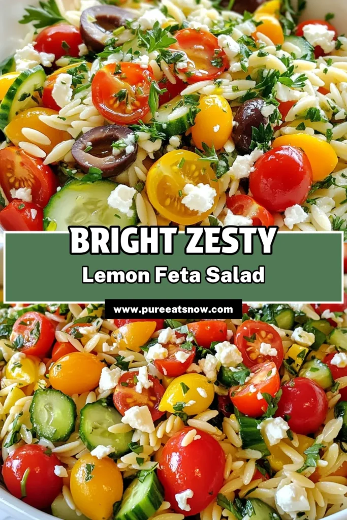 Discover the refreshing Lemon Feta Orzo Salad, a perfect Mediterranean pasta salad for your warm-weather gatherings! This easy orzo salad recipe combines orzo pasta, cherry tomatoes, cucumber, feta cheese, and Kalamata olives, making it a healthy summer salad that’s both delicious and satisfying. Try this chilled pasta salad recipe today, and treat yourself to a taste of the Mediterranean. Save this recipe for your next cookout! #OrzoSalad #HealthyRecipes #MediterraneanDiet #SummerSalad