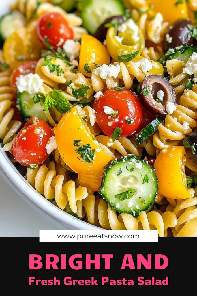 Looking for a refreshing dish? Try this Lemony Greek Pasta Salad, a Healthy Mediterranean Pasta Salad perfect for summer! Made with whole wheat pasta, fresh veggies, and tangy Greek salad with feta, this Quick Summer Pasta Salad is both delicious and nutritious. Ready in just 45 minutes, it’s perfect for gatherings or meal prep. Save this Whole Wheat Pasta Salad Recipe for your next cookout! #GreekPastaSalad #MediterraneanRecipes #PastaSalad #HealthyEating