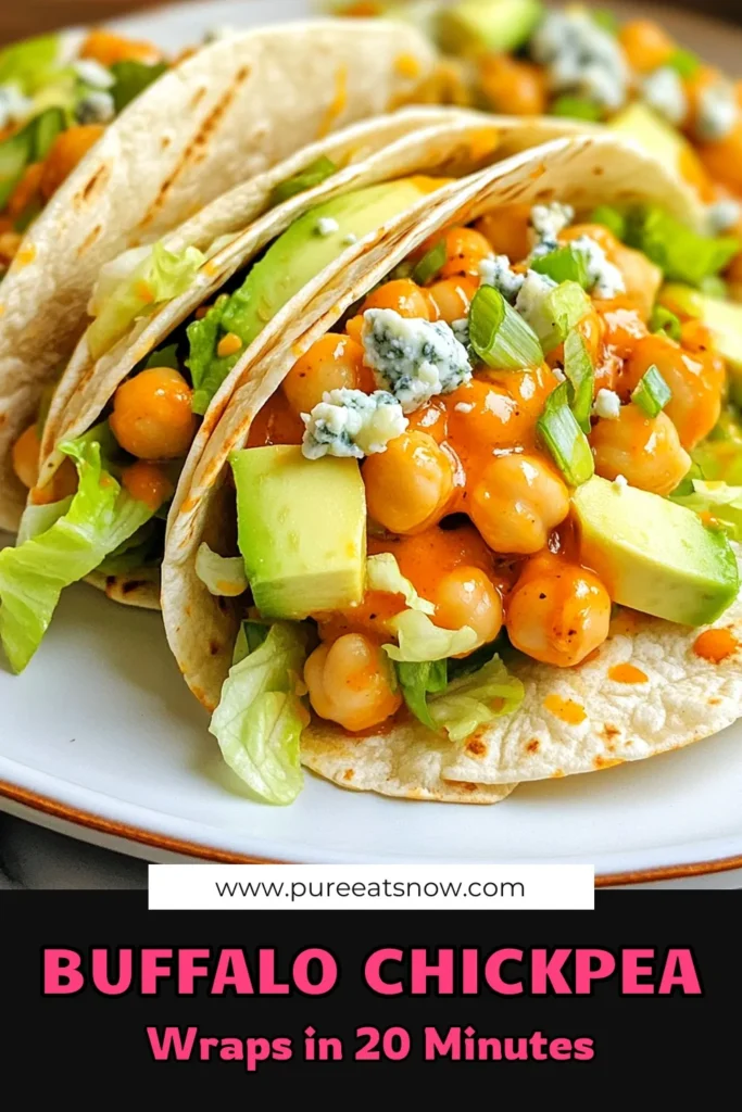 Discover the deliciousness of Buffalo Chickpea Wraps! These vegan buffalo wraps are packed with flavor and make the perfect healthy meal. Featuring chickpeas, whole grain wraps, and a delightful buffalo sauce, this chickpea recipe is both nutritious and satisfying. Perfect for lunch or dinner, these healthy wraps will impress everyone. Try this whole grain wraps recipe today—save for later! #BuffaloChickpeaWraps #VeganBuffaloWraps #ChickpeaRecipes #HealthyWraps