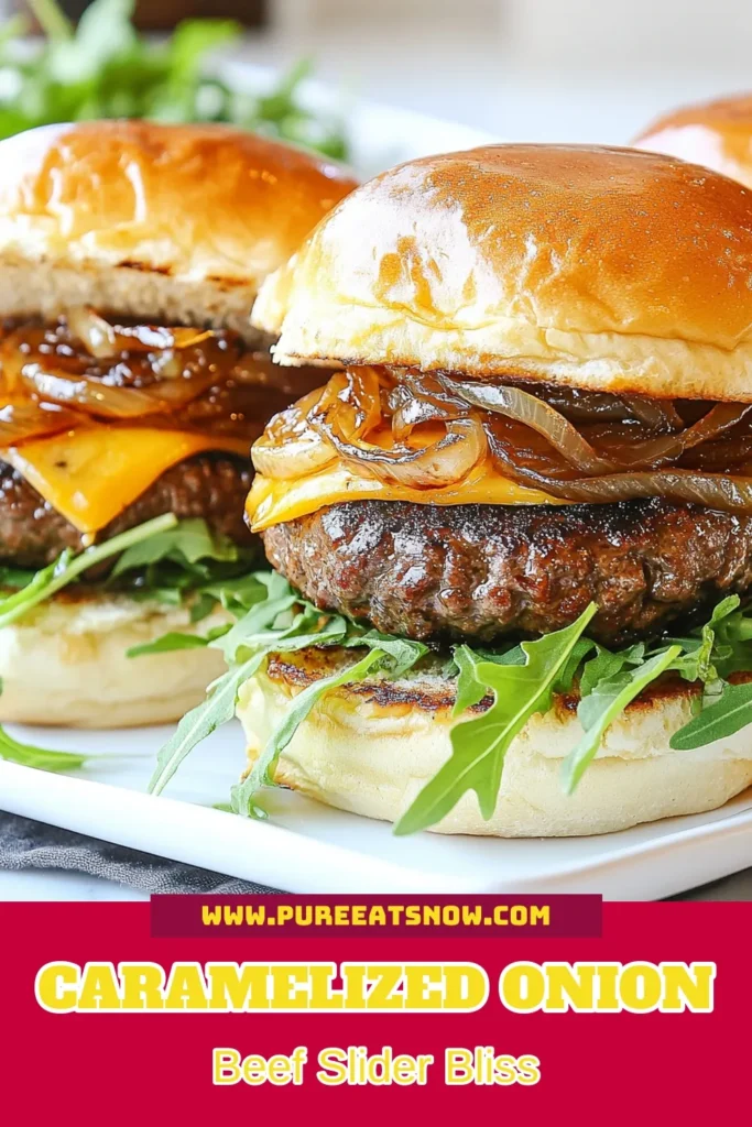 Indulge in these delicious caramelized onion sliders that elevate your burger game! This easy beef sliders recipe features perfectly caramelized onions paired with gooey cheddar cheese sliders, making them the ideal gourmet sliders with onions for any gathering. Impress your guests with these easy burger appetizers that are sure to please! Try them today and get ready for compliments. #CaramelizedOnionSliders #BeefSlidersRecipe #EasyBurgerAppetizers #CheddarCheeseSliders