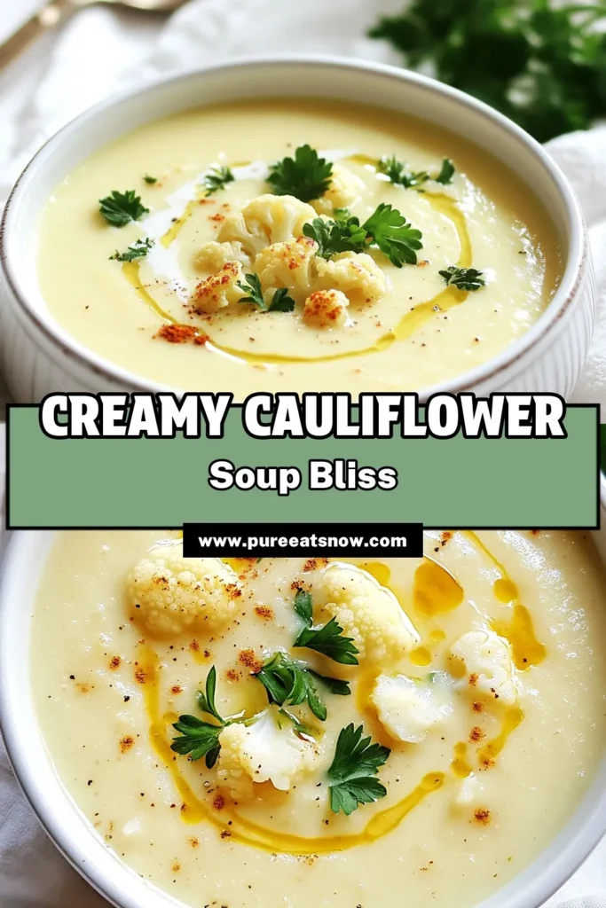 Indulge in a bowl of comfort with this creamy cauliflower soup that blends the rich flavors of roasted cauliflower with healthy ingredients. This dairy-free cauliflower soup is perfect for cozy nights and fits right into your healthy soup recipes. Discover this simple roasted cauliflower recipe that elevates vegetable broth soup to a whole new level! Click to save this delicious recipe and bring warmth to your table! #CreamyCauliflowerSoup #HealthySoupRecipes #DairyFree #RoastedCauliflowerRecipe