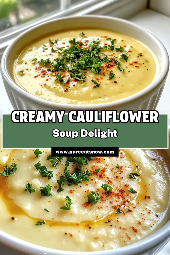Discover the ultimate creamy cauliflower soup with our roasted garlic soup recipe! This easy soup recipe combines the rich flavors of roasted garlic and tender cauliflower, creating a velvety dairy-free cauliflower soup that’s perfect for any meal. Whip up this delectable vegetable soup recipe that's sure to impress. Don't miss out—save this recipe for your next cozy night in! #CreamyCauliflowerSoup #RoastedGarlicSoup #EasySoupRecipes #DairyFreeSoups