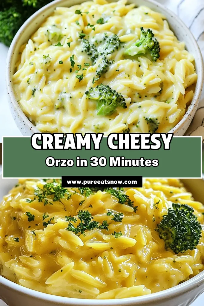 Discover this delicious creamy broccoli cheddar orzo, the perfect easy orzo recipe for a quick dinner. This vegetarian orzo dish is rich in flavor, combining cheesy pasta with vegetables for a satisfying meal. Ready in just 30 minutes, it's ideal for busy weeknights! Make your dinner delightful and nutritious. Try this recipe today and enjoy a wholesome experience. Save for later! #OrzoRecipe #VegetarianDinner #PastaDishes #EasyRecipes