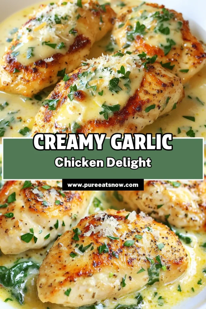 Discover this mouthwatering creamy garlic chicken recipe that will elevate your dinner game! This garlic herb chicken features tender chicken breasts enveloped in a rich, creamy sauce with spinach for a burst of flavor. Perfect for an easy chicken dinner recipe, serve this chicken with creamy sauce alongside roasted veggies or garlic bread. Try this simple and delicious spinach and chicken recipe tonight! Save for later! #CreamyGarlicChicken #EasyDinnerRecipe #ChickenWithCreamySauce #SpinachChicken