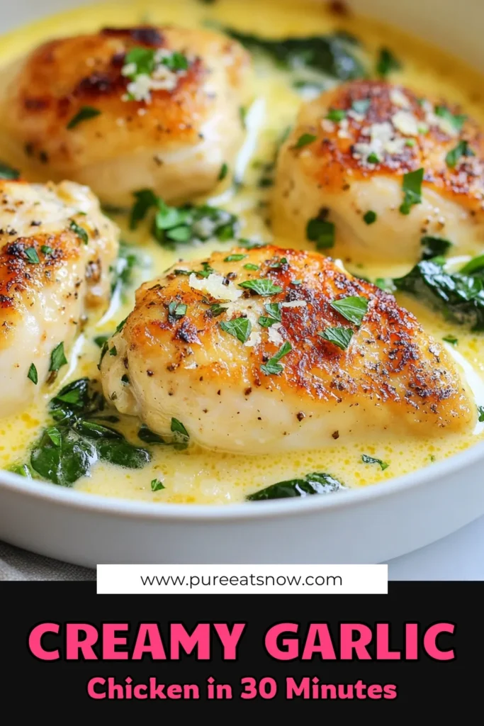 Indulge in this Creamy Garlic Parmesan Chicken Skillet, a delightful Chicken Skillet Recipe perfect for busy weeknights! This Easy Garlic Chicken dish features tender chicken breasts simmered in a rich, creamy sauce with garlic, Parmesan, and spinach, giving you a delicious One-Pan Chicken Dinner in just 30 minutes. Try this mouthwatering Creamy Chicken Recipe tonight & impress your family! Save for later! #CreamyGarlicParmesanChicken #OnePanDinner #EasyRecipes #ChickenSkilletRecipe