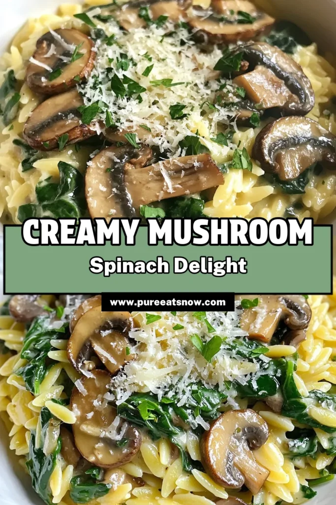 Discover the delicious Creamy Mushroom Spinach Orzo, an easy orzo recipe that's perfect for any night of the week! This creamy pasta recipe combines tender orzo with sautéed mushrooms and fresh spinach for a delightful vegetarian orzo dish. Packed with flavor and ready in just 30 minutes, it’s a must-try! Save this spinach orzo pasta recipe for your next meal idea. #CreamyMushroomOrzo #VegetarianRecipes #PastaLovers #EasyDinnerIdeas