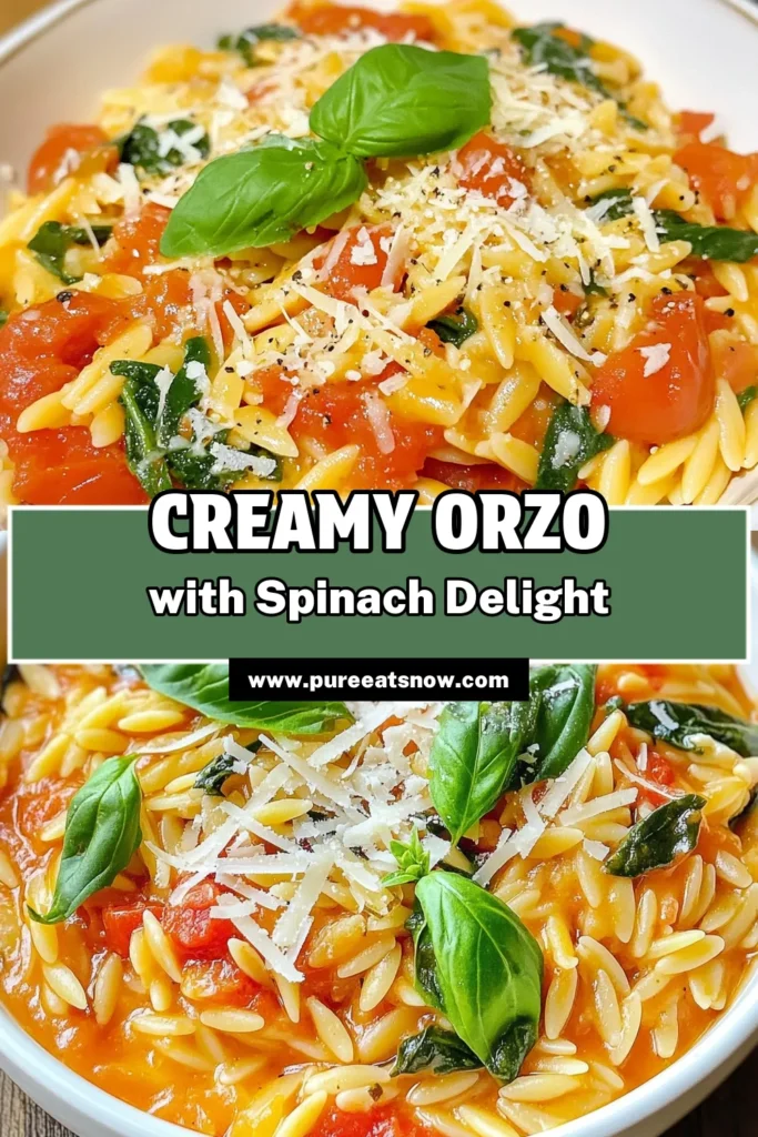 Discover the deliciousness of this creamy tomato spinach orzo! This easy vegetarian pasta is the perfect one-pot orzo dish for a quick weeknight dinner. Packed with flavor, this tomato orzo recipe combines succulent orzo with fresh spinach and creamy sauce to create a delightful meal. Ready in just 30 minutes, it's a must-try! Save this creamy spinach orzo recipe for your next cooking adventure! #VegetarianPasta #OnePotMeals #OrzoRecipes #QuickDinnerIdeas