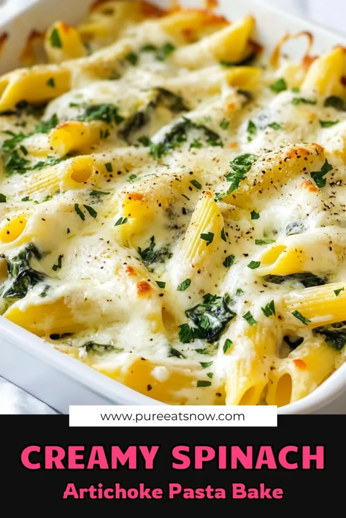 Enjoy this delicious and simple Spinach Artichoke Pasta Bake, a creamy vegetarian pasta bake recipe that makes for the perfect one-pot spinach pasta dish! Combining fresh spinach, artichokes, and a cheesy sauce, this easy artichoke pasta dish is sure to impress your family. Perfect for any occasion, it can be prepped in 15 minutes and baked to bubbly perfection. Save this tasty recipe for your next meal! #VegetarianRecipes #PastaBake #SpinachArtichoke #EasyDinnerIdeas