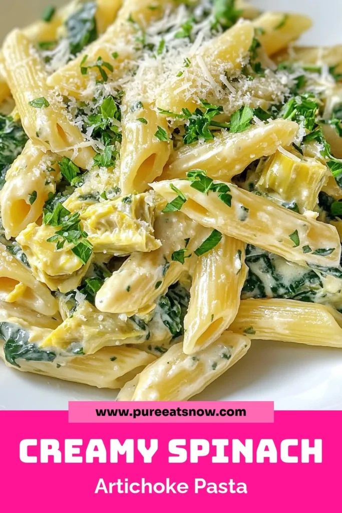 Indulge in this creamy spinach artichoke pasta that's perfect for a quick weeknight meal! This easy vegetarian pasta dish blends fresh spinach and artichoke hearts with cream cheese for a rich and satisfying dish. In just 30 minutes, you can whip up this delicious creamy spinach pasta recipe using pantry staples. Try this delightful pasta recipe tonight and watch it become a family favorite! Save this recipe for later! #SpinachArtichokePasta #EasyVegetarianPasta #CreamyPastaRecipe #ArtichokeHeartRecipes