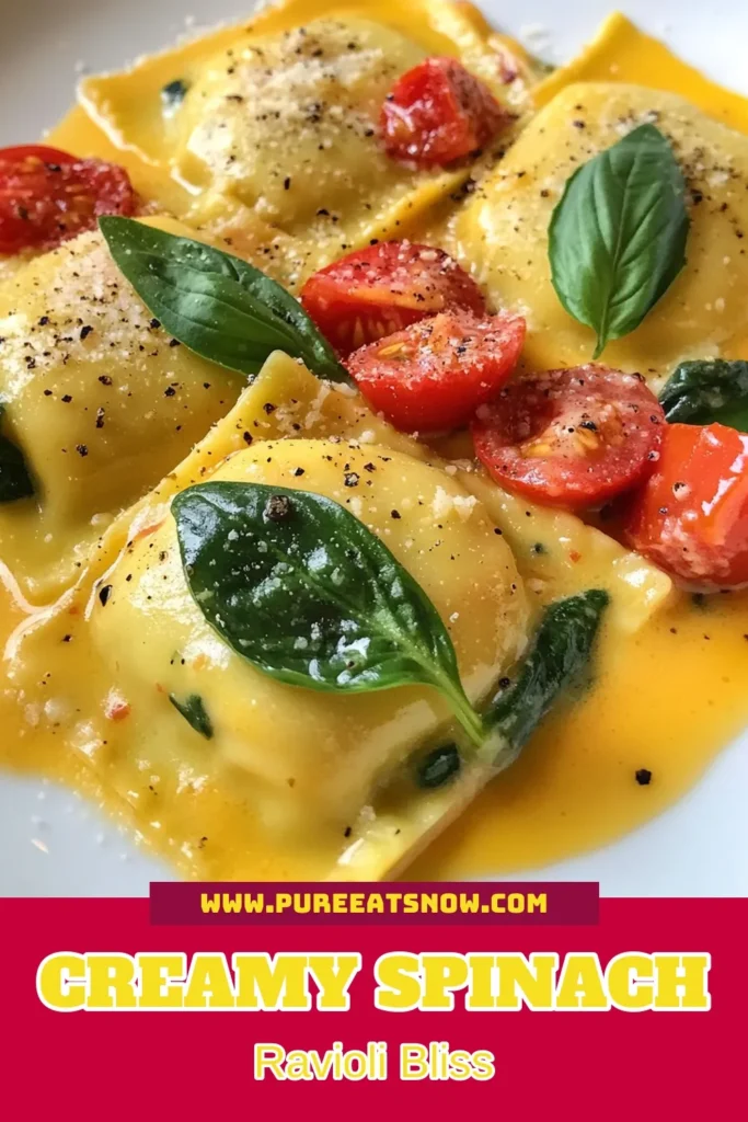 Savor the flavors of this creamy tomato spinach ravioli that’s perfect for a quick dinner! This easy ravioli recipe combines fresh ingredients and a homemade ravioli sauce to create a delicious vegetarian pasta dish in just 25 minutes. Impress your family and friends with this delightful meal that’s both comforting and satisfying. Don’t forget to save this recipe for your next weeknight dinner! #RavioliRecipe #VegetarianPasta #QuickDinnerIdeas #HomemadeSauce