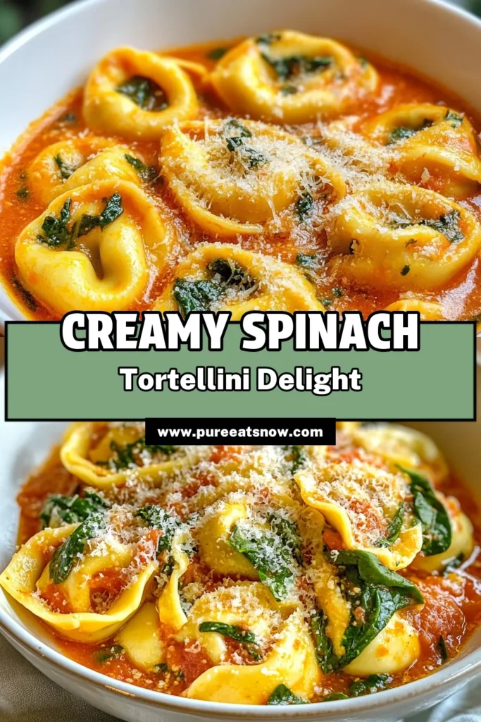 Looking for a delicious vegetarian meal? Try this creamy tomato spinach tortellini recipe! It's an easy tortellini recipe featuring fresh spinach, a rich homemade creamy pasta sauce, and cheese-filled tortellini. Perfect for weeknight dinners, this spinach tortellini with cream will impress everyone at your table. Discover the joy of making flavorful vegetarian pasta dishes today! Save and share now! #CreamyTomatoSpinachTortellini #EasyTortelliniRecipes #VegetarianPastaDishes #HomemadeCreamyPastaSauce
