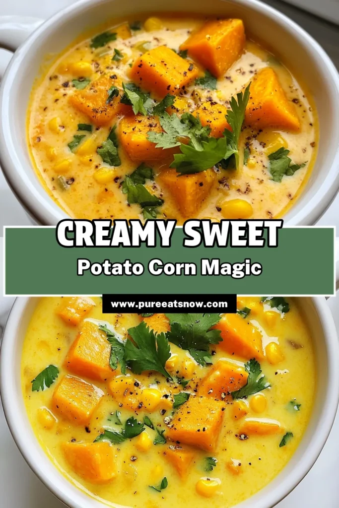 Indulge in this creamy Sweet Potato Corn Chowder, a delightful vegetarian corn chowder recipe perfect for cozy meals. Made with wholesome ingredients like sweet potatoes and coconut milk, this healthy sweet potato chowder is infused with smoked paprika for an extra kick. Easy to prepare, this coconut milk soup recipe will become a family favorite. Try this delicious and nourishing dish today! Save for later! #SweetPotatoChowder #HealthyRecipes #CornChowder #VeganSoup