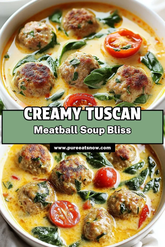 Indulge in this creamy Tuscan meatball soup, a delightful Italian meatball soup recipe that warms your heart! Packed with flavor from tender meatballs, fresh spinach, and juicy tomatoes, this hearty meatball soup is perfect for cozy meals. Plus, it’s an easy meatball soup recipe you can whip up in just 35 minutes. Enjoy this creamy soup with spinach and tomatoes any night of the week. Save this recipe for your next dinner! #ItalianRecipes #SoupSeason #ComfortFood #QuickMeals