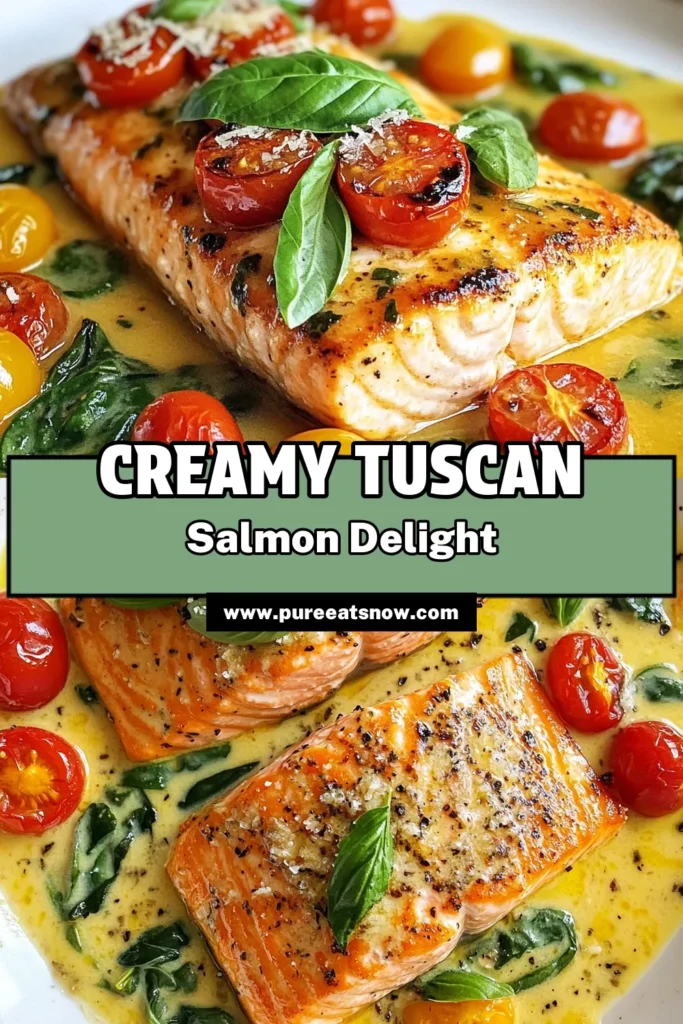 Indulge in this delightful Tuscan salmon recipe that features succulent salmon fillets in a creamy salmon sauce with vibrant cherry tomatoes and fresh spinach. This easy salmon dinner is perfect for weeknights and sure to impress! Elevate your Italian salmon dish with simple ingredients and quick steps. Try it today and savor every bite! Save this recipe for a delicious meal! #TuscanSalmon #EasyDinner #CreamySalmon #SalmonRecipe