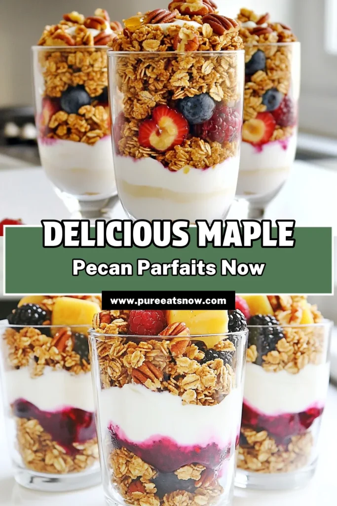 Delight your taste buds with these Maple Pecan Granola Parfaits! This delicious recipe combines crunchy homemade granola, creamy Greek yogurt, and fresh mixed berries for a perfect breakfast or dessert. Easy to make in just 35 minutes, you'll love the layers of flavor and texture. Ready to impress? Click through for the full recipe and start creating your own beautiful parfaits today! #GranolaParfaits #HealthyBreakfast #YogurtRecipes #MaplePecan