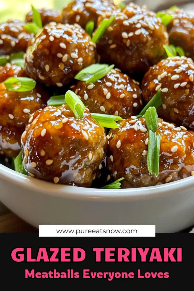Savor the flavors of Teriyaki Glazed Meatballs with this easy recipe! Made with ground chicken or turkey, these delicious meatballs are coated in a rich teriyaki glaze and garnished with sesame seeds and green onions. Perfect as an appetizer or main dish, they are sure to please any crowd. Click through for the full recipe and make your next meal a hit! #TeriyakiGlazedMeatballs #EasyRecipes #CookingInspiration #MealPrepIdeas