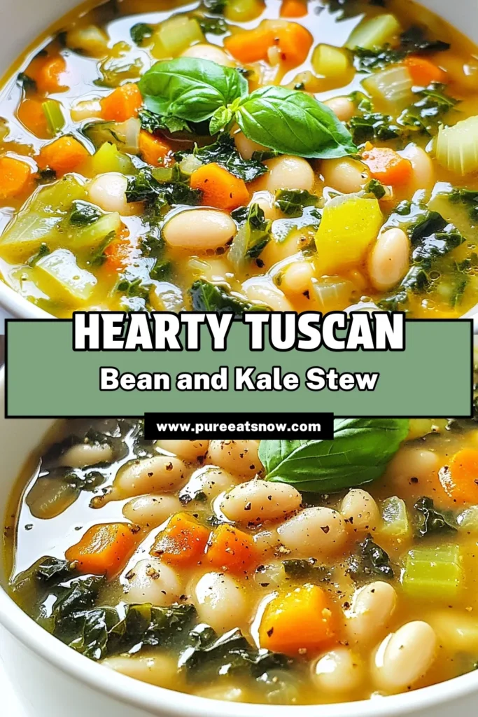Discover the comforting flavors of Tuscan White Bean Kale Stew, a delightful kale and white bean recipe that’s perfect for any healthy meal. This vegetarian Tuscan recipe is packed with nutritious ingredients and makes a hearty homemade vegetable stew for the whole family. Enjoy this healthy bean stew that's easy to make and bursting with flavor. Save this recipe for your next dinner! #TuscanWhiteBeanStew #HealthyEating #VegetarianRecipes #HomemadeStew