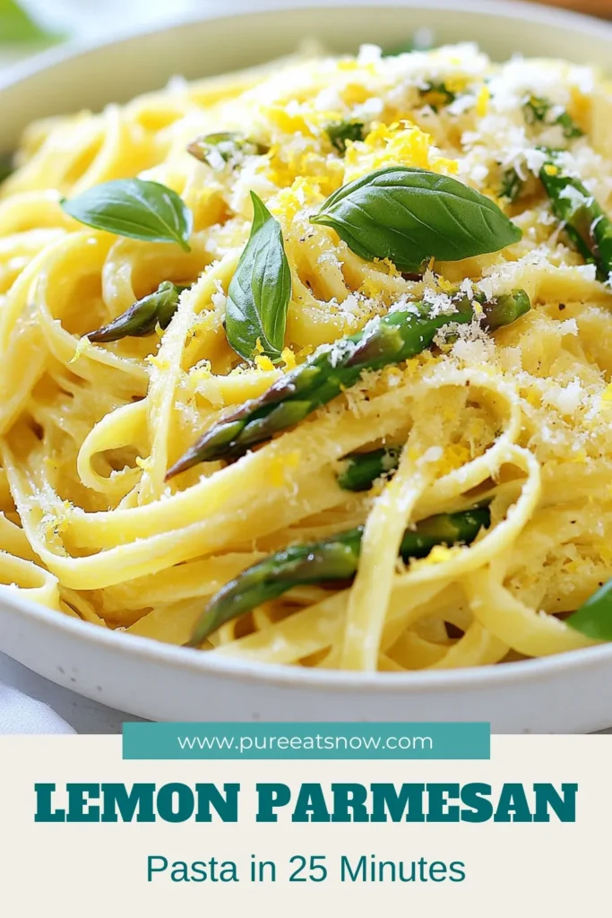 Delight in this Lemon Parmesan Asparagus Pasta, a vibrant Vegetarian Fettuccine Recipe that is easy to make and bursting with flavor. This Asparagus Pasta Recipe pairs perfectly al dente fettuccine with fresh asparagus, zesty lemon, and rich Parmesan. Enjoy a delectable Lemon Garlic Pasta dish that’s ready in just 25 minutes! Save this recipe for a delicious meal idea tonight. #LemonParmesanPasta #VegetarianFettuccine #AsparagusPastaRecipe #EasyAsparagusRecipe
