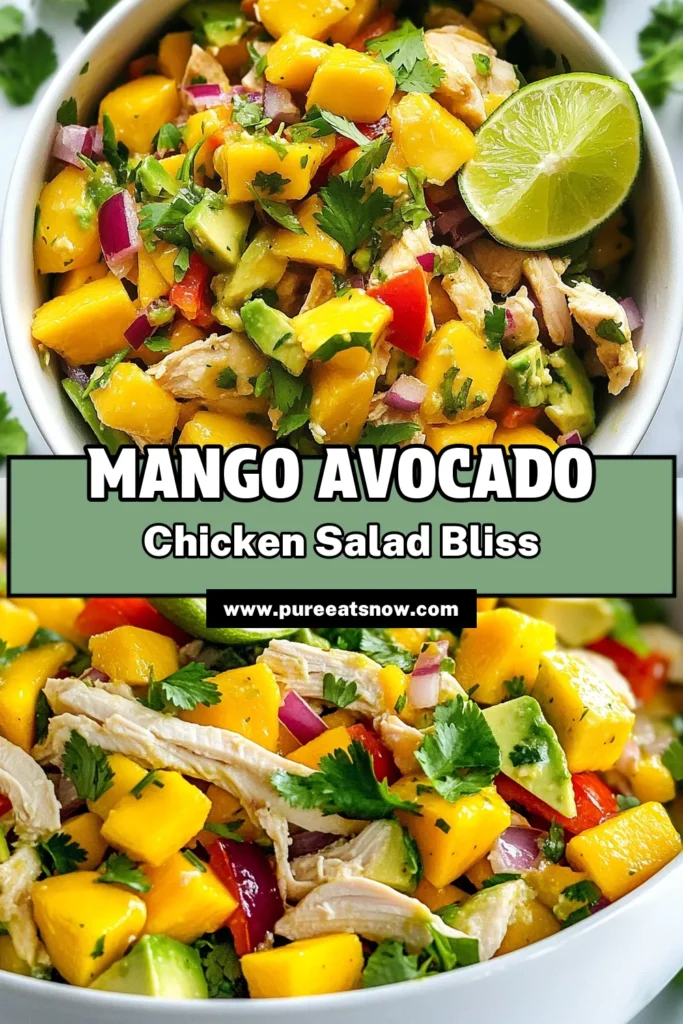 Looking for a refreshing dish? Try this Mango Avocado Chicken Salad, a healthy chicken salad recipe perfect for summer! Combining juicy mango and creamy avocado, this easy chicken salad with mango is not only delicious but also nutritious. Quick to prepare in just 15 minutes, it's great for lunch, dinner, or a picnic. Don't miss out—save this summer salad recipe for a delicious meal your family will love! #MangoAvocadoChickenSalad #HealthyRecipes #SummerSalads #ChickenSalad