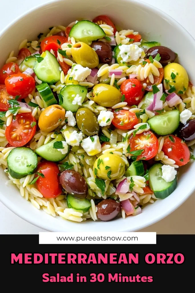 Indulge in the refreshing Mediterranean Orzo Bliss Salad, a delightful mix of orzo pasta, fresh veggies, and feta cheese, all tossed in a zesty dressing! Perfect for a light lunch or as a side dish, this quick and easy recipe comes together in just 30 minutes. Don't miss out on the vibrant flavors and healthy ingredients! Click through now to explore the full recipe and elevate your meal planning! #MediterraneanDiet #SaladRecipes #HealthyEating #OrzoSalad