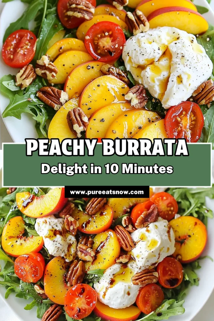 Discover the refreshing delight of Peach Burrata Salad, the perfect summer dish! This easy Arugula Salad Recipe combines juicy fresh peaches, creamy burrata cheese, and crunchy candied pecans for a savory-sweet experience. Ideal for warm days, this Fresh Peach Salad will impress your guests and elevate your meals. Try this Summer Salad with Peaches today, and don’t forget to save this recipe for later! #PeachBurrataSalad #ArugulaSaladRecipe #SummerSalad #FreshPeachSalad