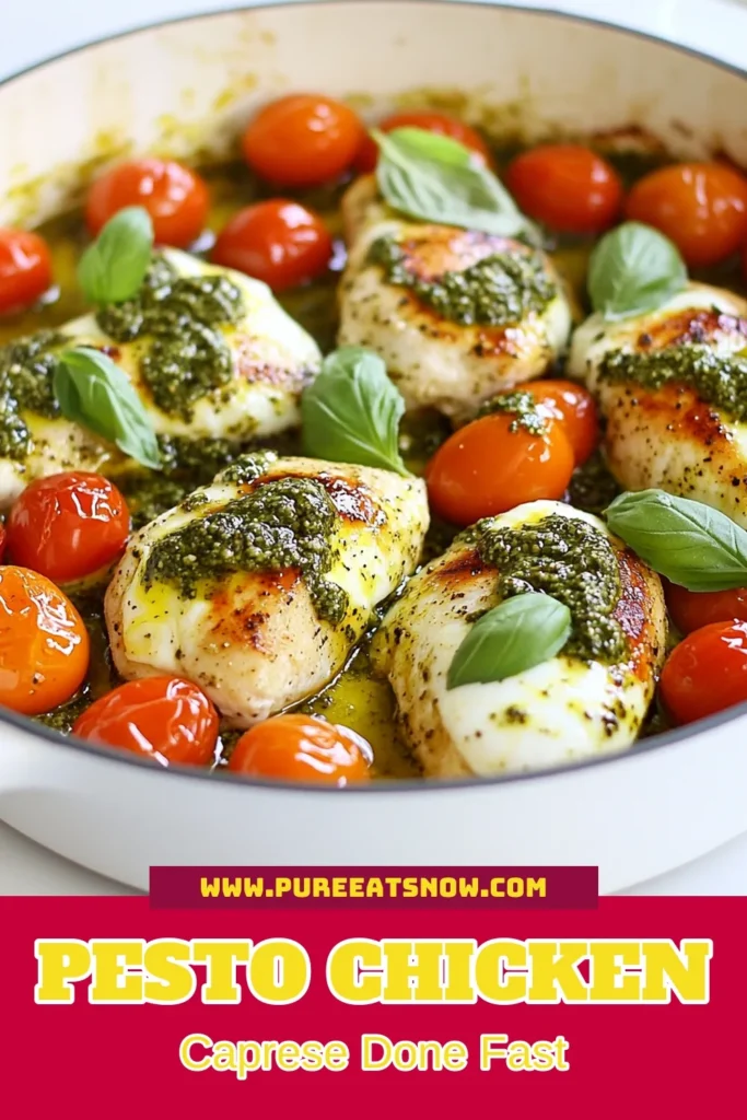 Looking for a quick and delicious dinner? Try this Pesto Chicken Caprese Skillet! This easy chicken dinner features juicy chicken breasts topped with fresh basil pesto, bubbly mozzarella, and vibrant cherry tomatoes. It's a simple skillet chicken recipe that brings all the flavors of a classic Mozzarella Caprese recipe to your table. Perfect for busy nights! Save this recipe for a tasty meal! #PestoChickenCaprese #EasyChickenDinner #SkilletRecipe #FreshBasilPesto