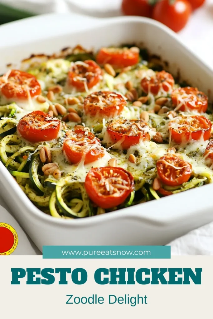 Savor this Pesto Chicken Zoodle Bake, a deliciously healthy chicken casserole that’s perfect for busy weeknights! With zucchini noodles as a low carb pasta alternative, this easy dinner recipe is packed with flavor. Prepare in just 50 minutes for a meal that satisfies without the carbs. Your family will love this nutritious twist! Save this Pesto chicken bake recipe for a quick weeknight meal! #HealthyEating #PastaAlternative #EasyDinner #ChickenCasserole