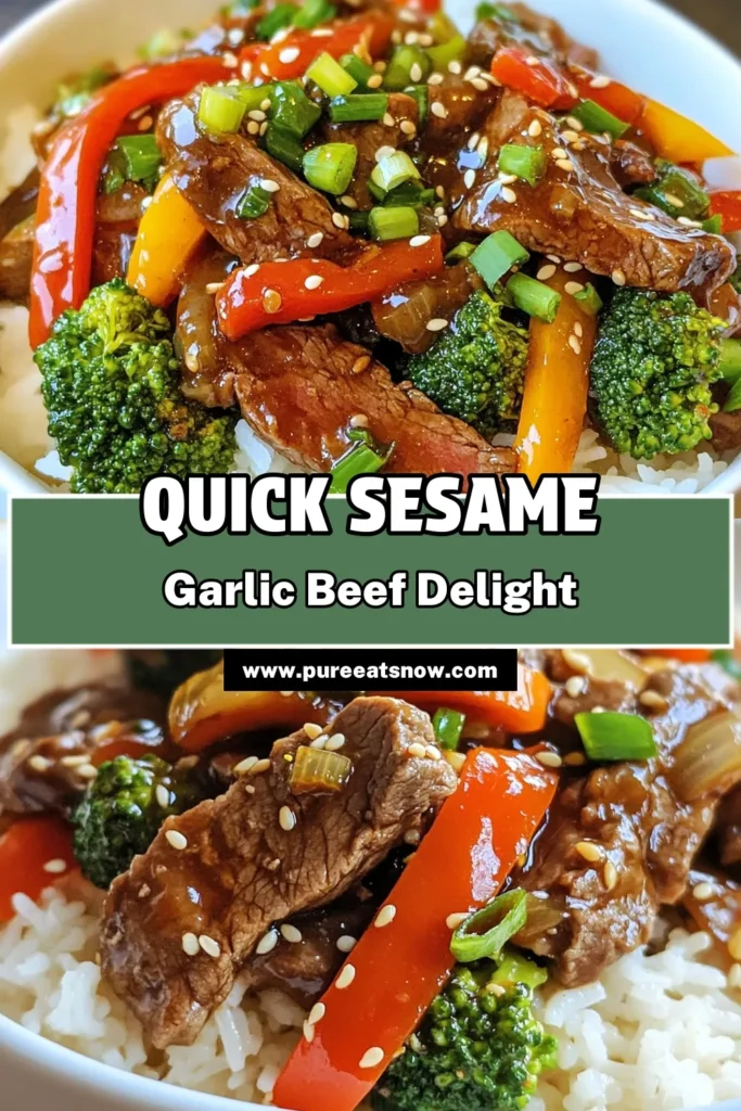 Delight in this quick and delicious Sesame Garlic Beef Stir Fry! This easy stir fry features tender flank steak marinated in garlic and ginger, combined with vibrant bell peppers, broccoli, and carrots. Perfect as a weeknight dinner, this beef stir fry recipe is a satisfying Asian beef dish that everyone will love. Serve it over jasmine rice or noodles for a complete meal. Try it tonight and save for later! #StirFry #BeefRecipes #EasyDinner #AsianCuisine